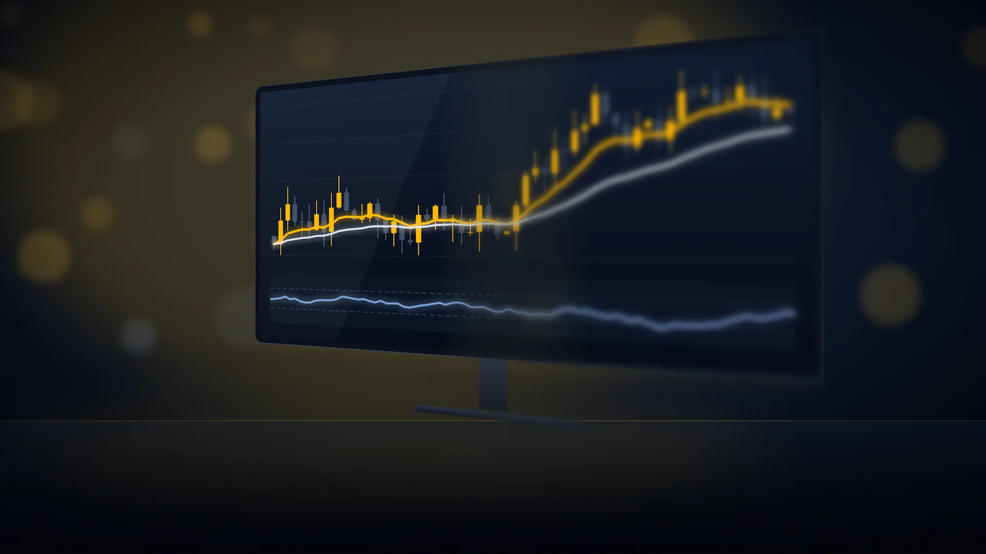 A monitor at an angle showing candlesticks with two moving averages and an oscillator panel, with a shallow depth of field.
