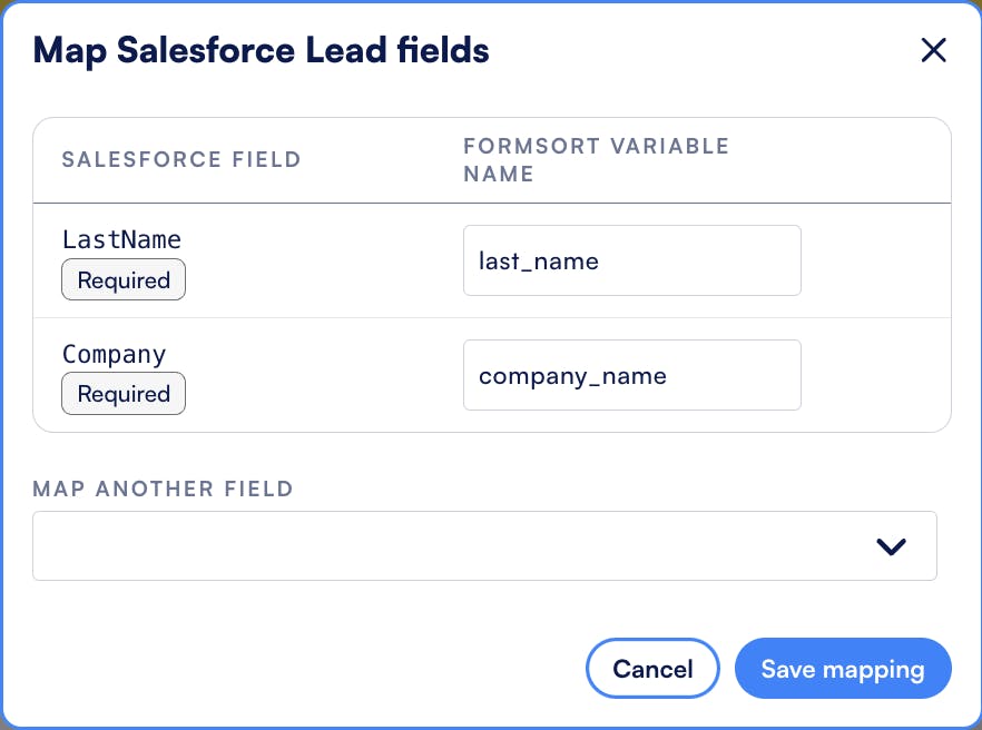 Salesforce field mapping on Formsort