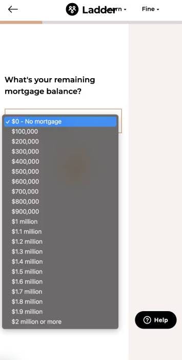 Ladder's mortgage dropdown list