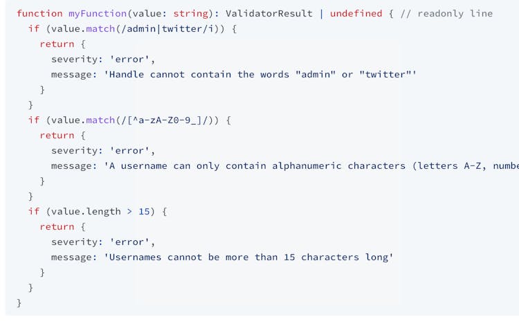 Example of custom validator code in Formsort
