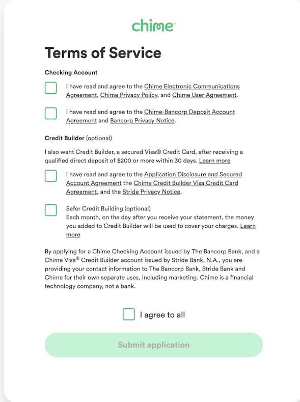 Chime's terms of service