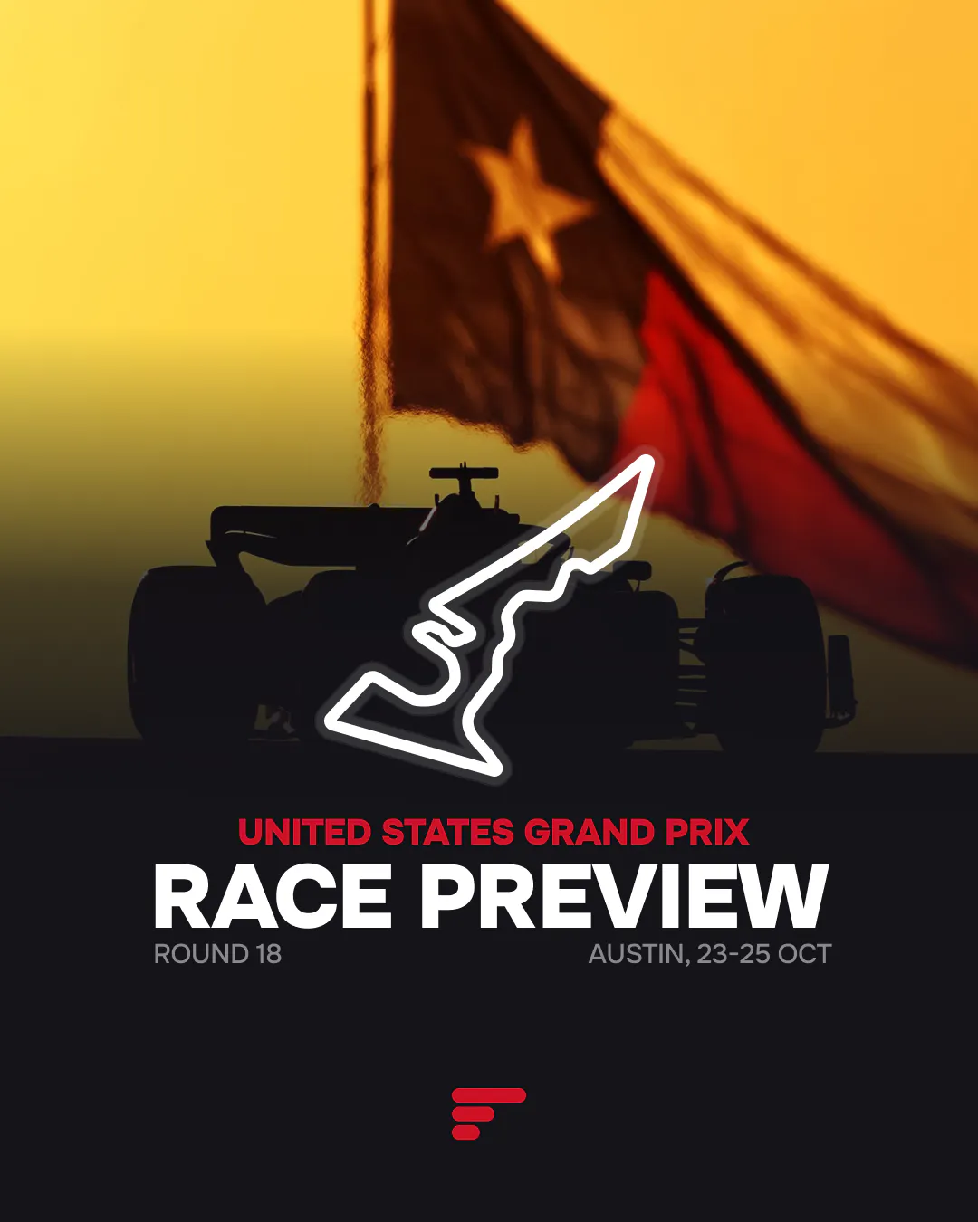 2026 United States GP preview: F1 car silhouette, Texas flag and COTA outline for Austin, October 23–25.