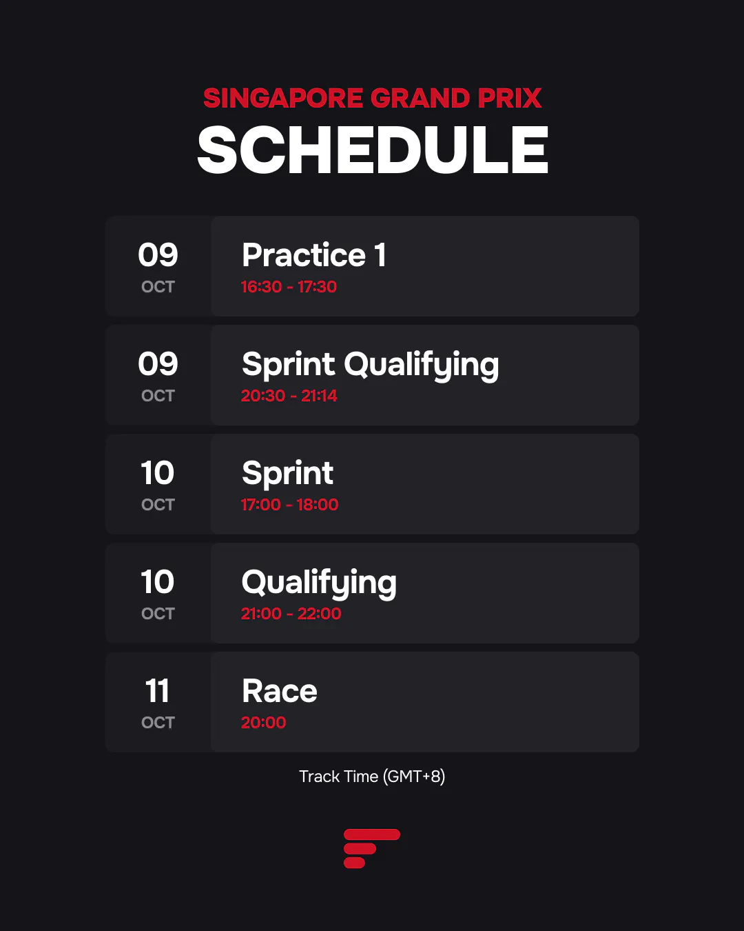 2026 Singapore GP schedule for October 9–11, with practice, Sprint, qualifying and race times in GMT+8.