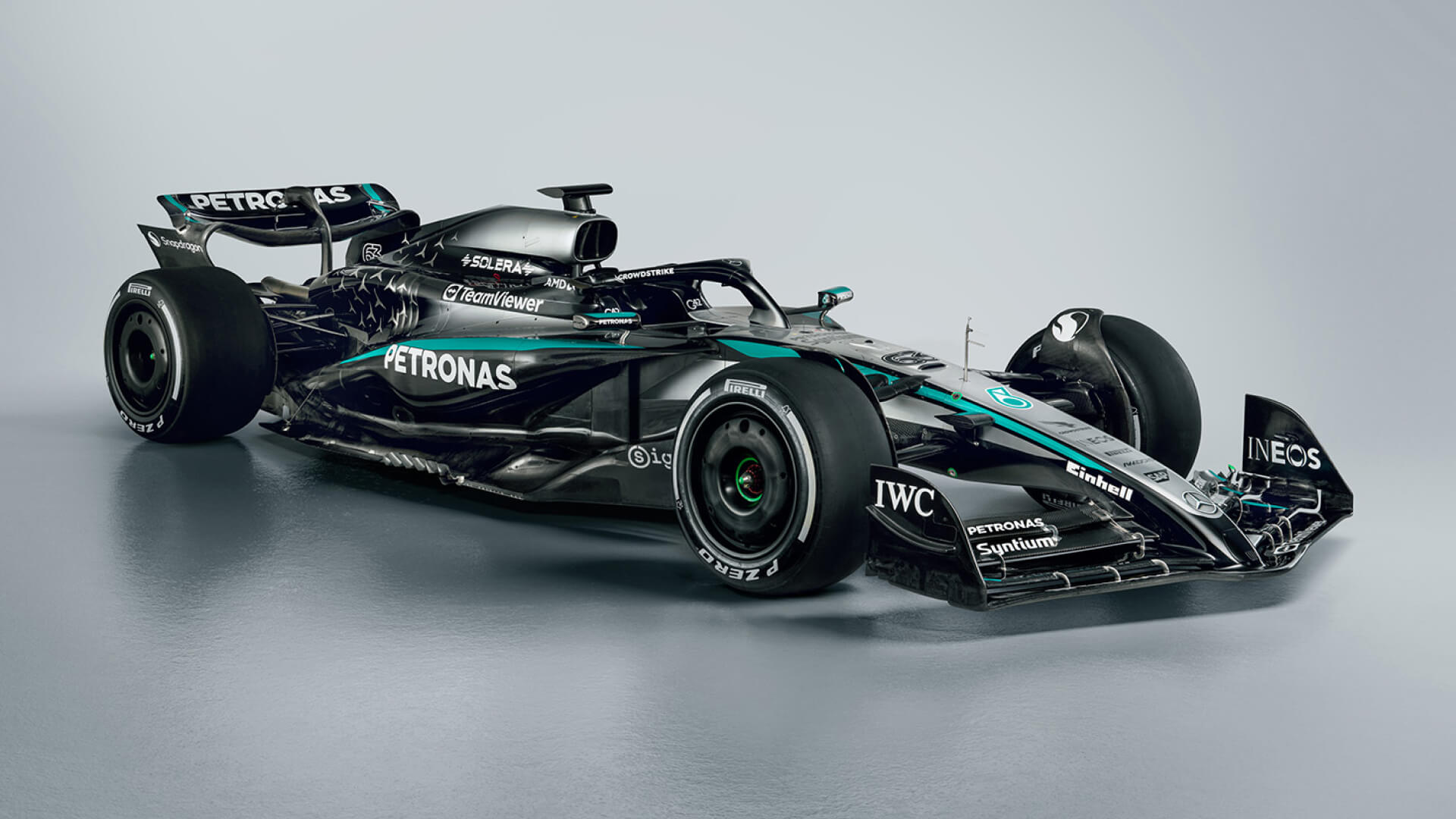 Mercedes F1 W16 3:4 left front view 2025 new livery