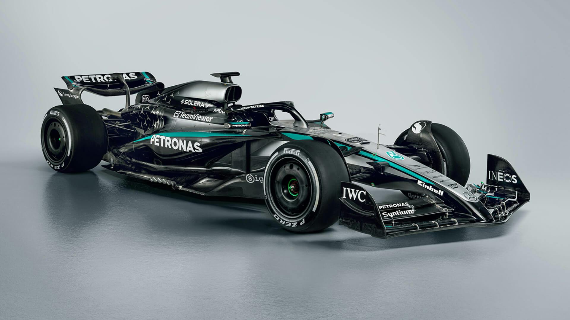 Mercedes F1 W16 3:4 left front view 2025 new livery