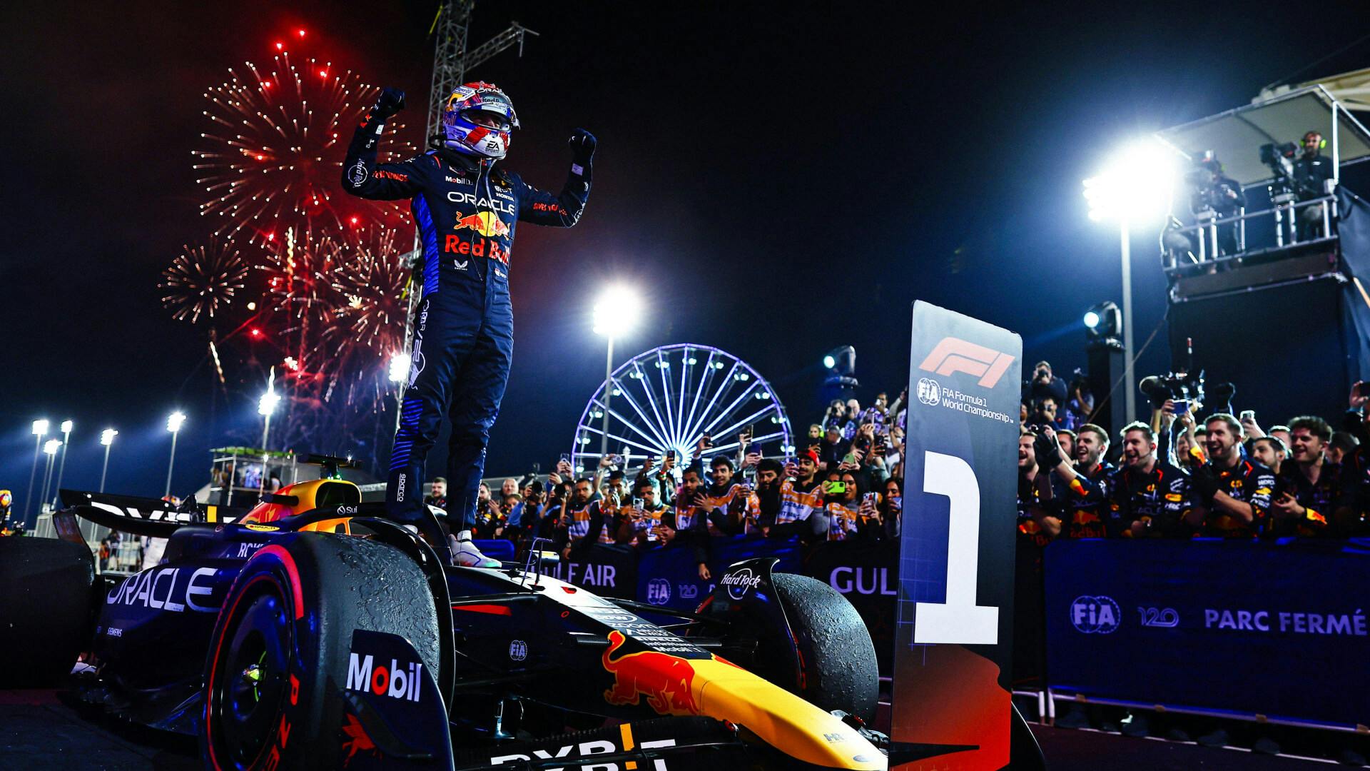 Max on his new RB20 with fireworks in background