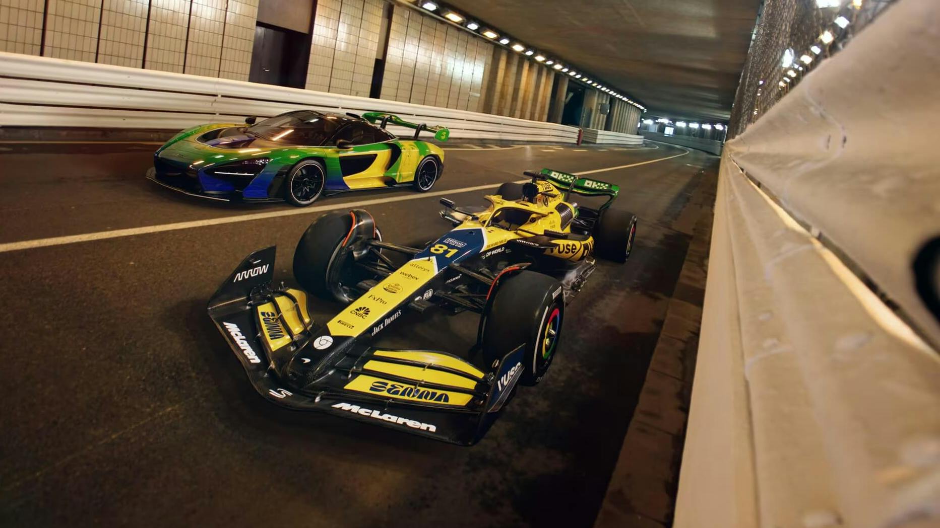 MCL38 F1 and McLaren Senna with Senna Livery in Monaco tunnel