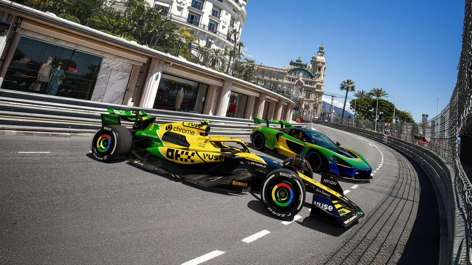 MCL38 F1 and McLaren Senna with Senna Livery in Monaco streets