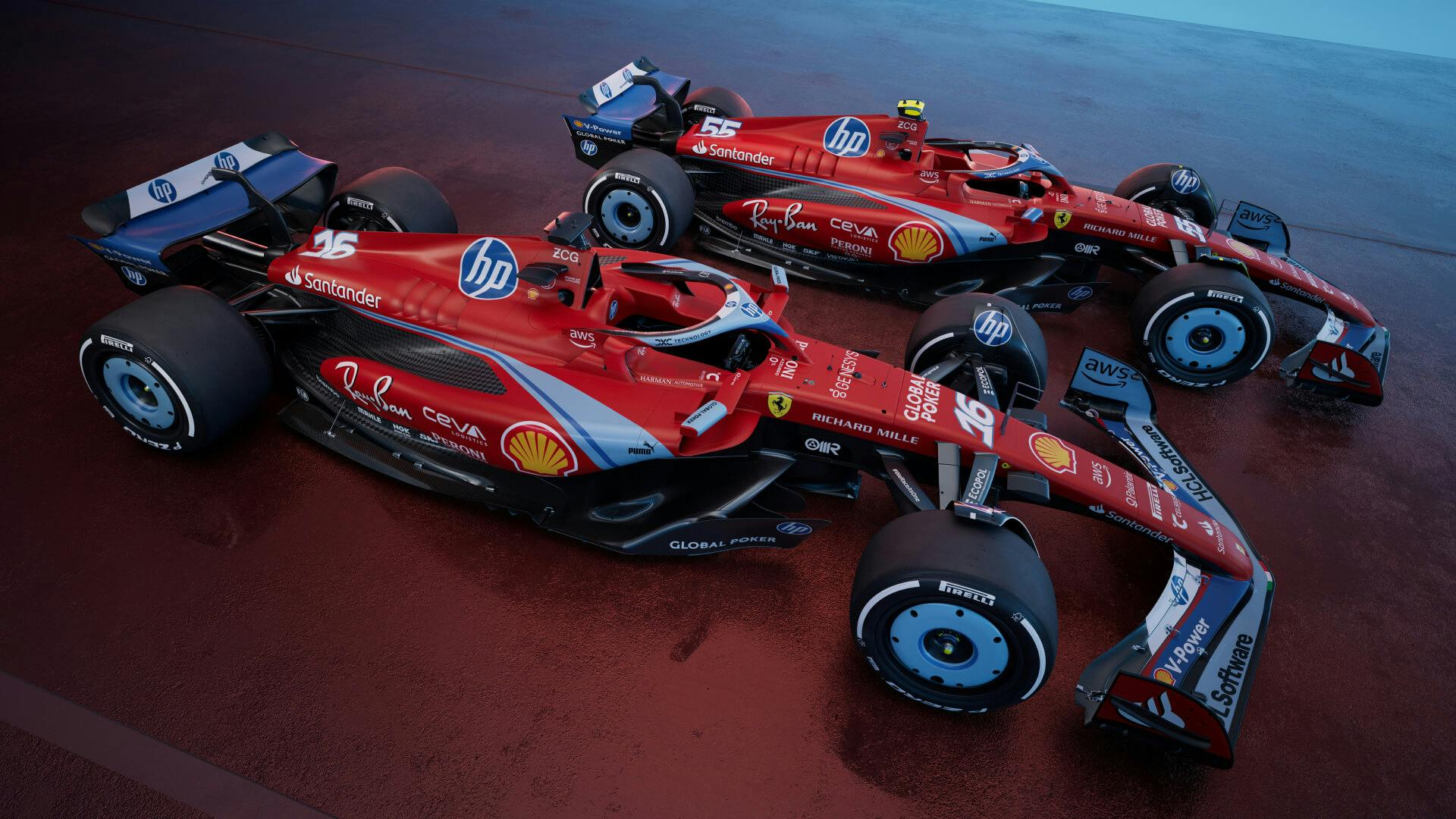 3:4 front view of the SF-24 Ferrari Livery Miami GP (both Leclerc's and Sainz's F1 car)