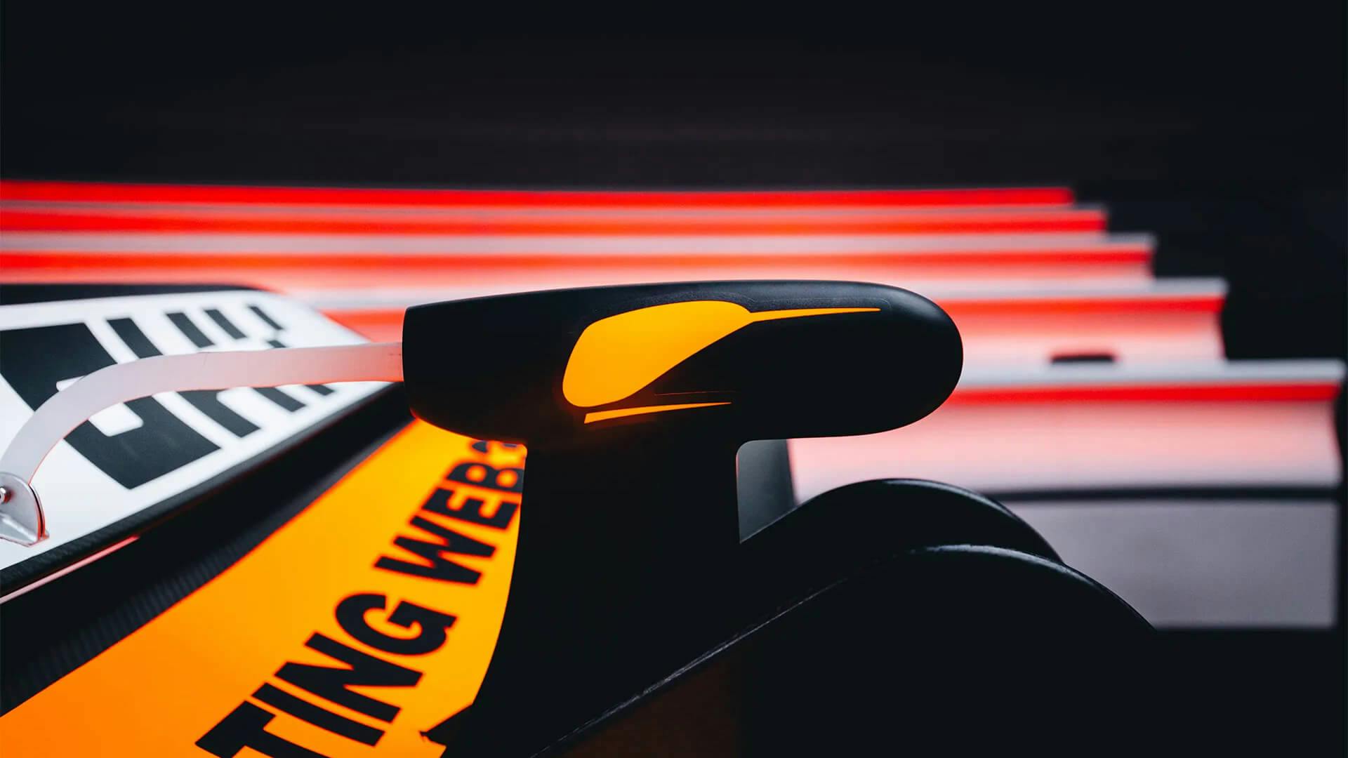 View on the DRS/rear wing of the McLaren MCL38 Reborn Livery for Singapore Grand Prix