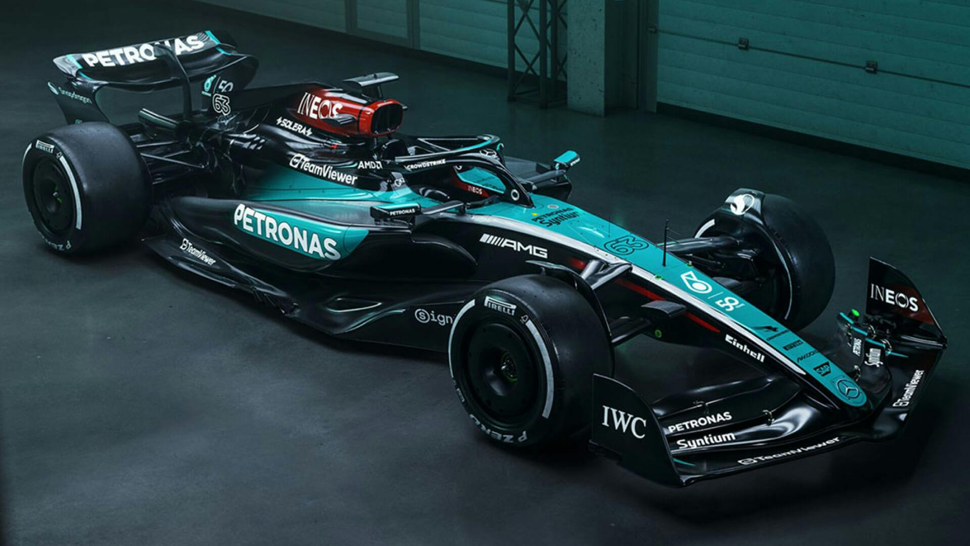 Front 3:4 view of the Mercedes W15 special livery for Singapore