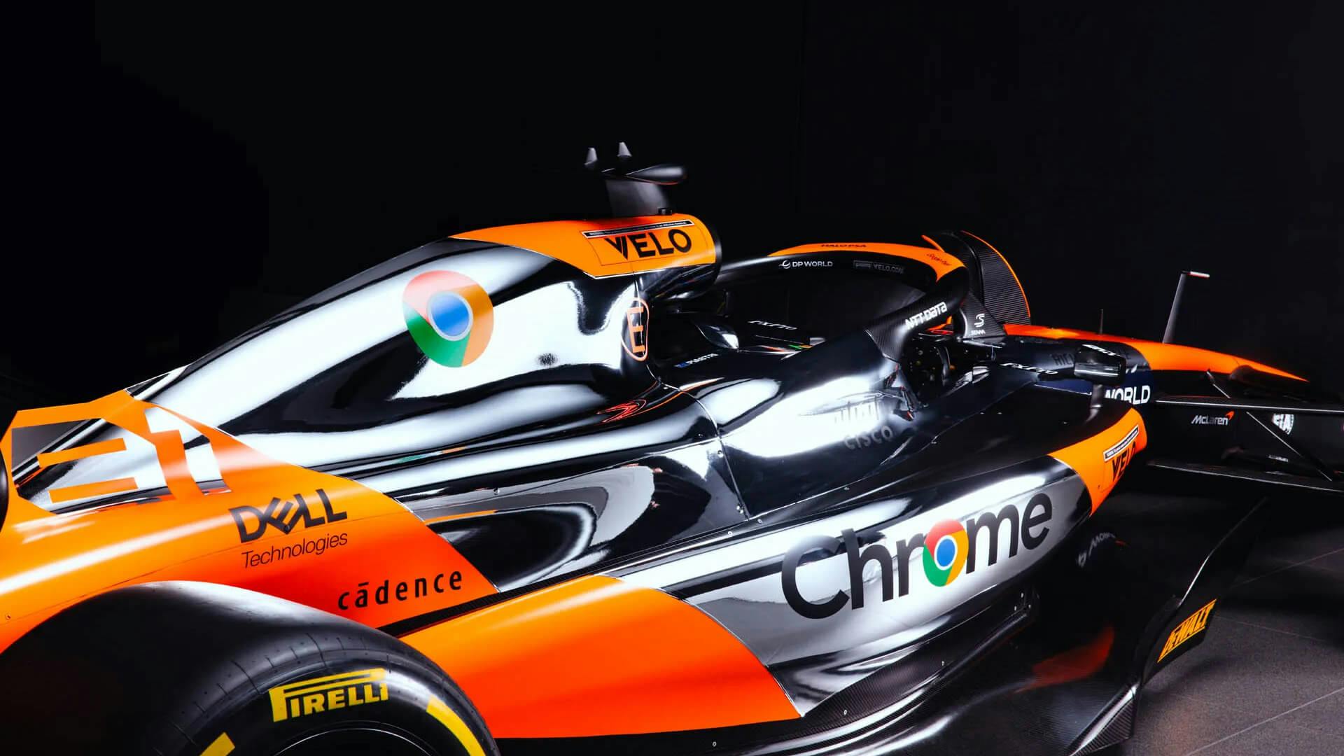 Focus on the bodywork of the McLaren F1 MCL38 with a 2nd edition of the special Chrome livery