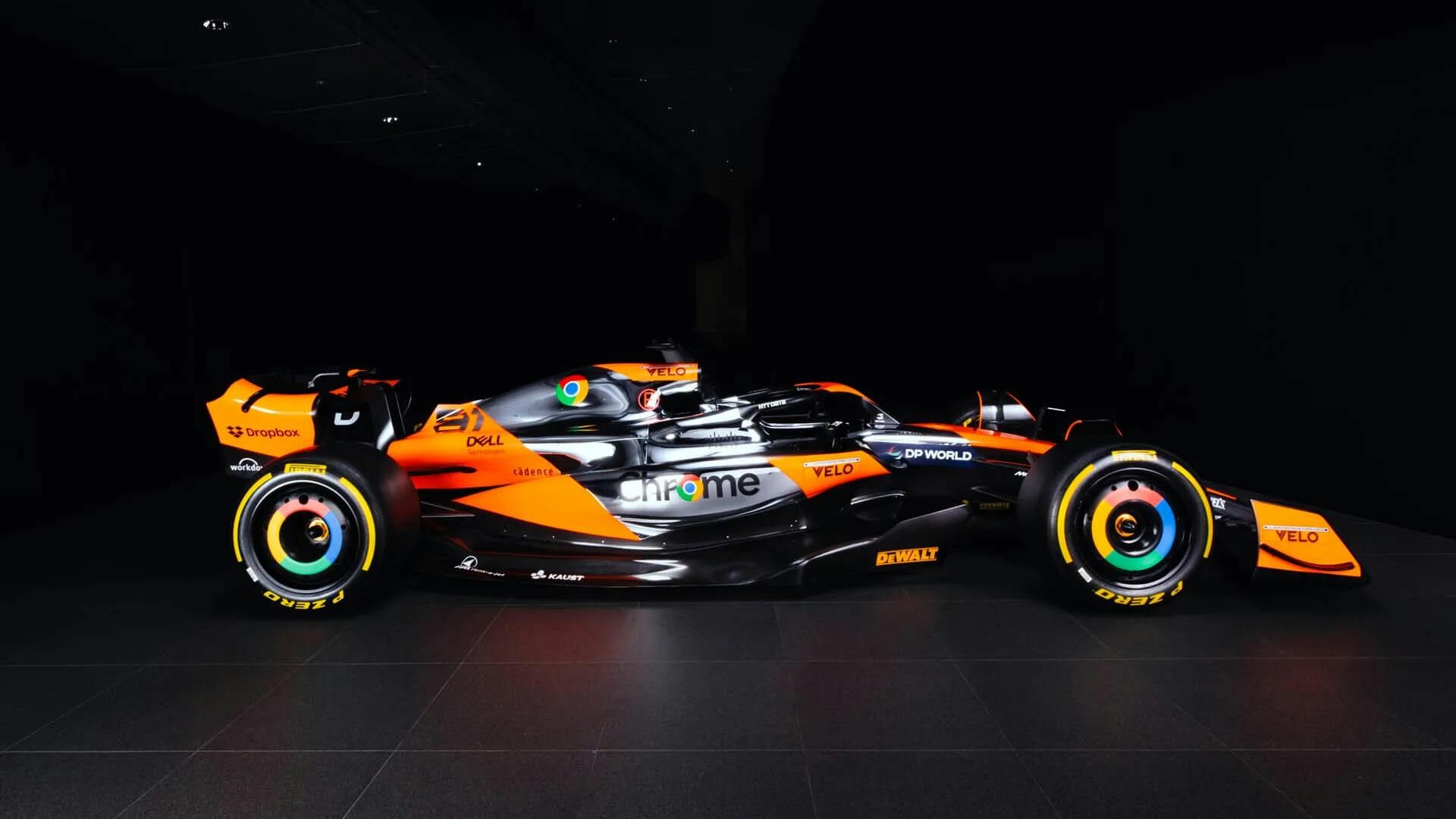 Side view of the McLaren F1 MCL38 with a 2nd edition of the special Chrome livery