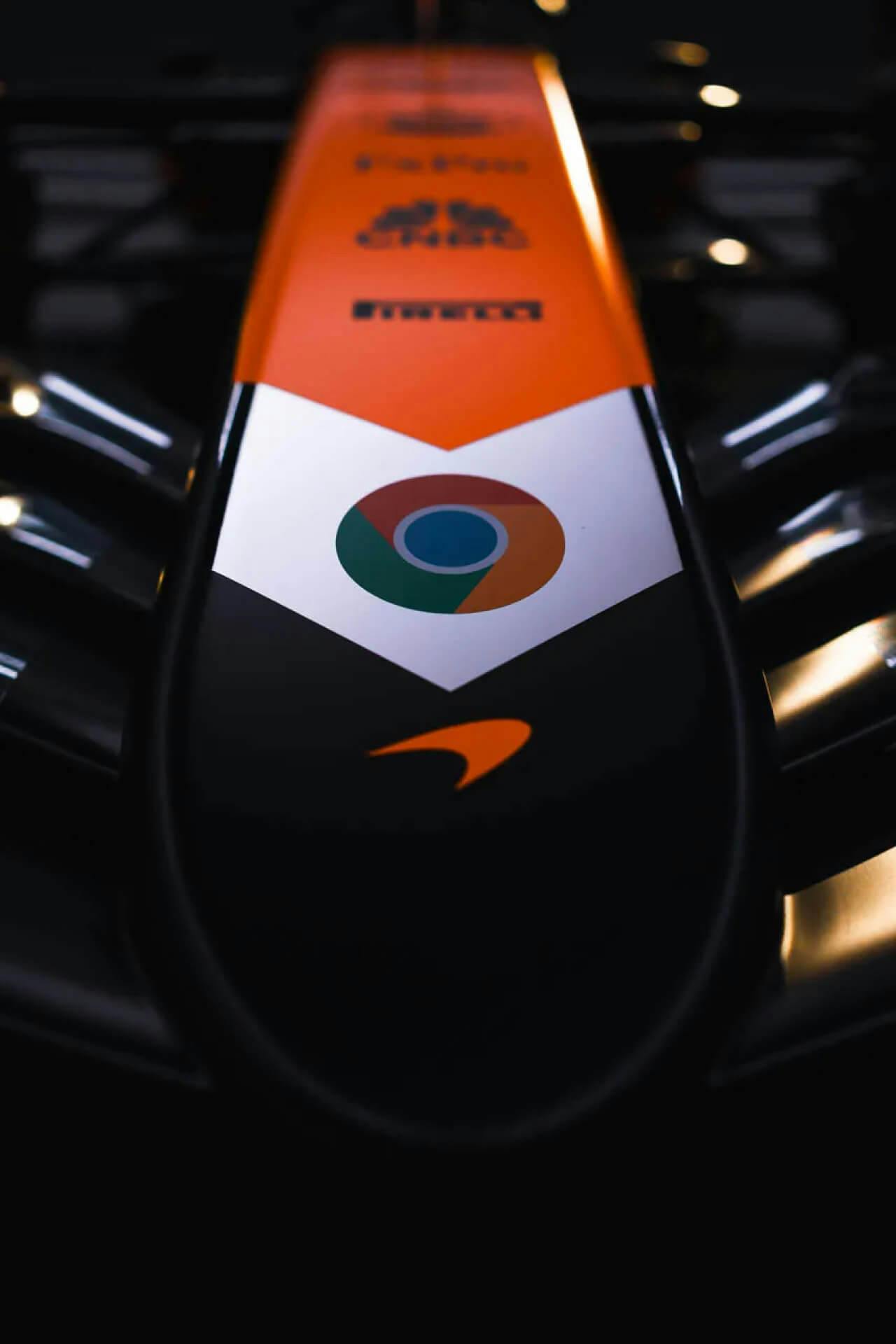 Focus on the nose of the McLaren F1 MCL38 with a 2nd edition of the special Chrome livery