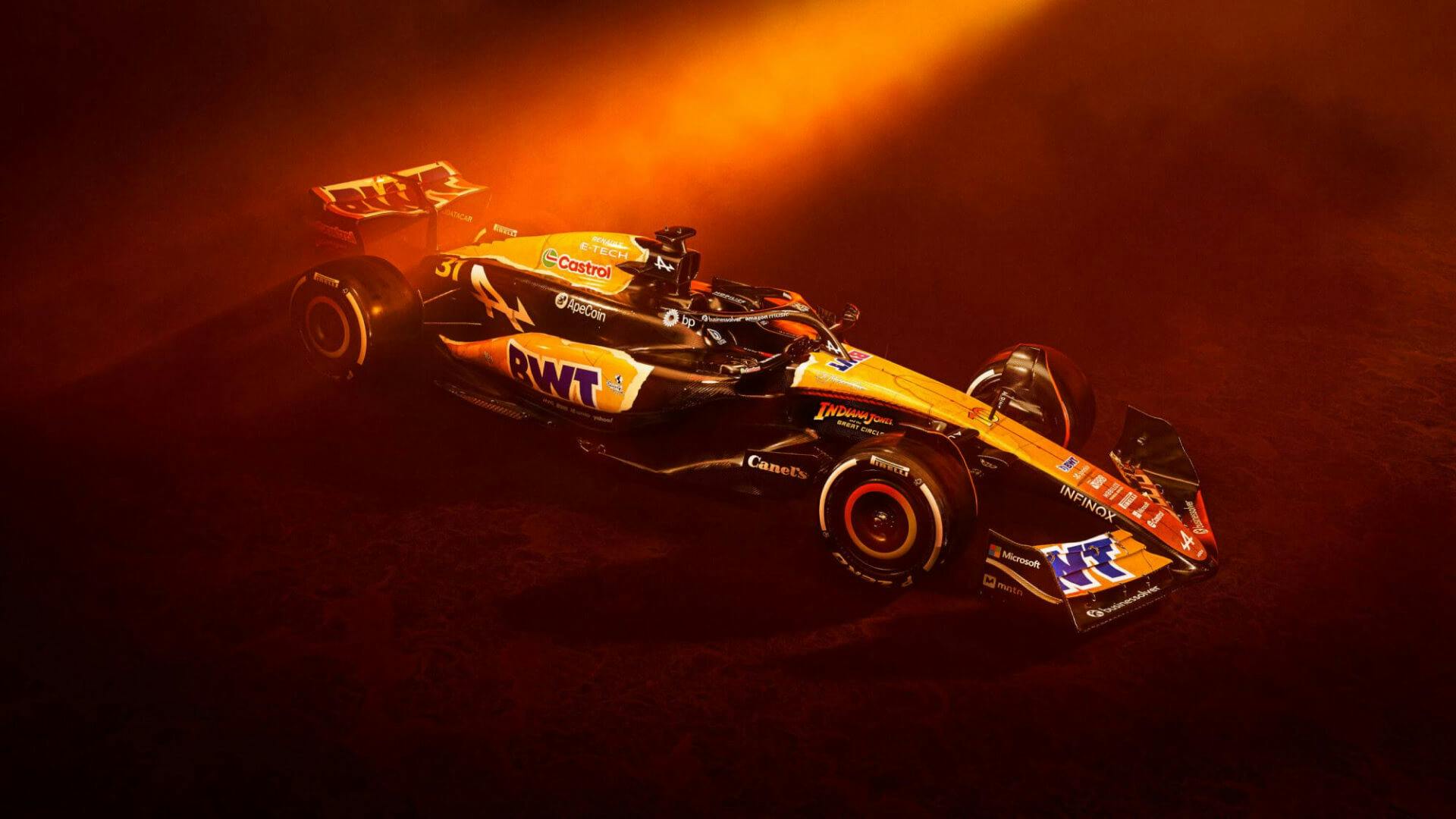 3:4 front view of the Alpine F1 A524 Indiana Jones special Livery for 2024 United States Grand Prix