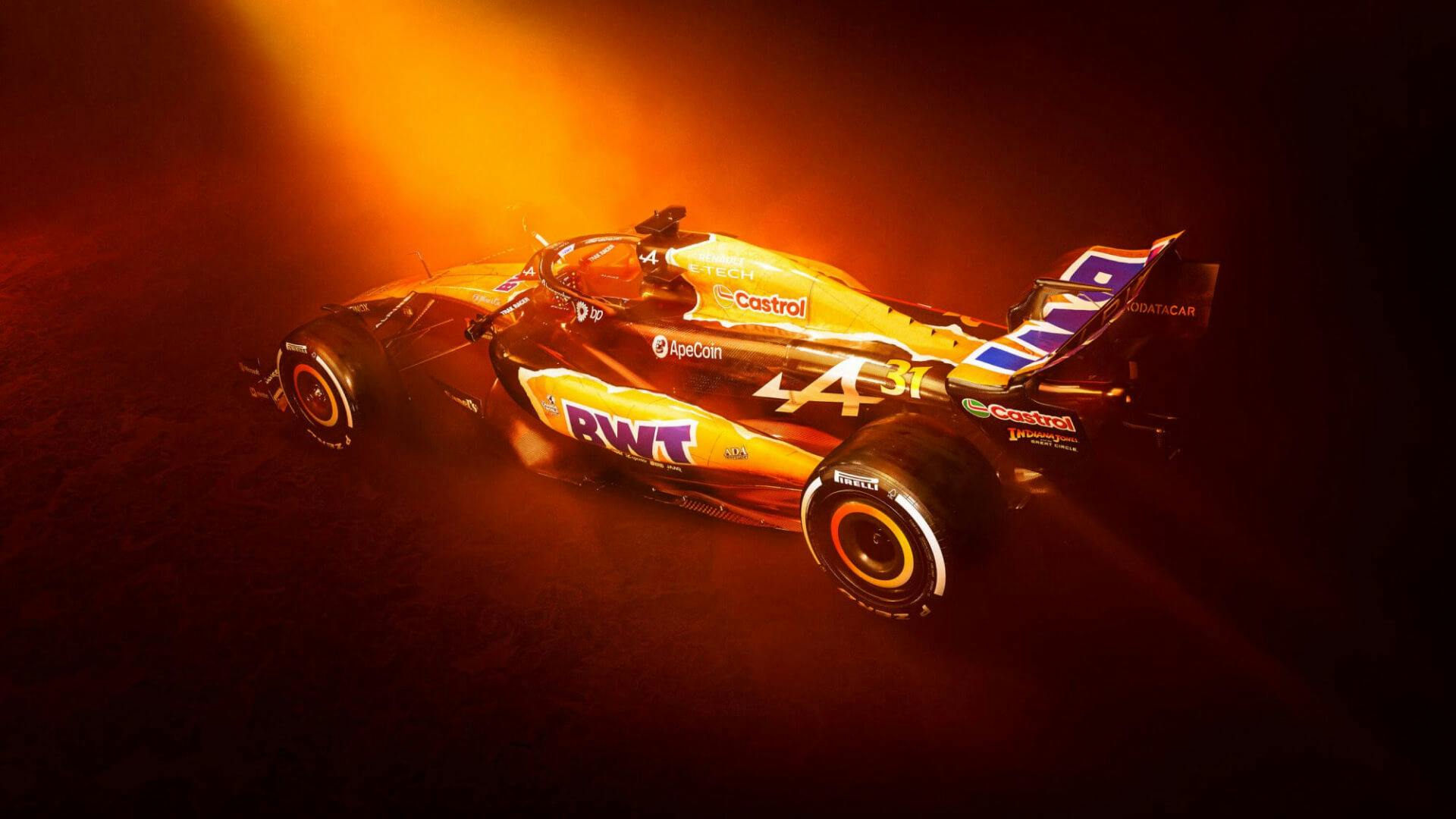 3:4 rear view of the Alpine F1 A524 Indiana Jones special Livery for 2024 United States Grand Prix
