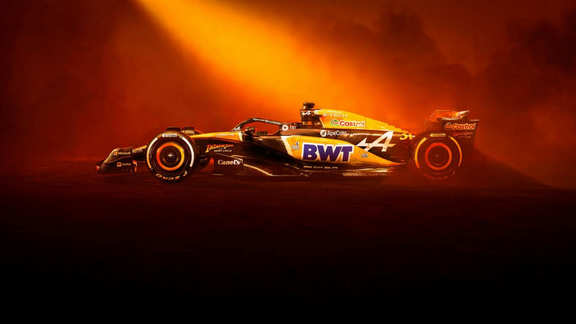 Side view of the Alpine F1 A524 Indiana Jones special Livery for 2024 United States Grand Prix