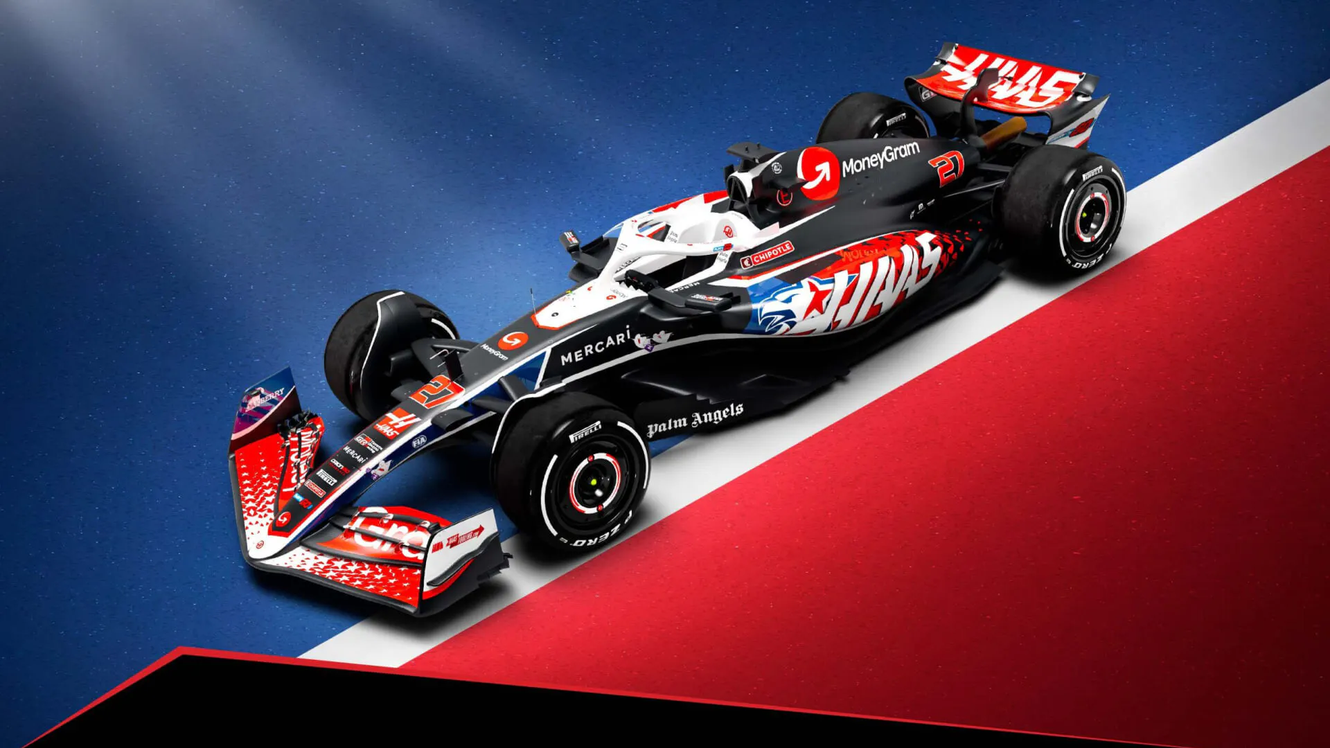 3:4 front view of the Haas special Livery for 2024 United States Grand Prix