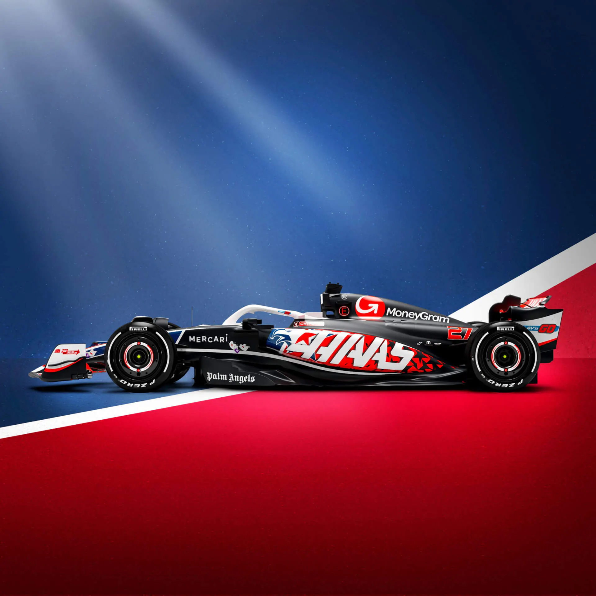 Side view of the Haas special Livery for 2024 United States Grand Prix