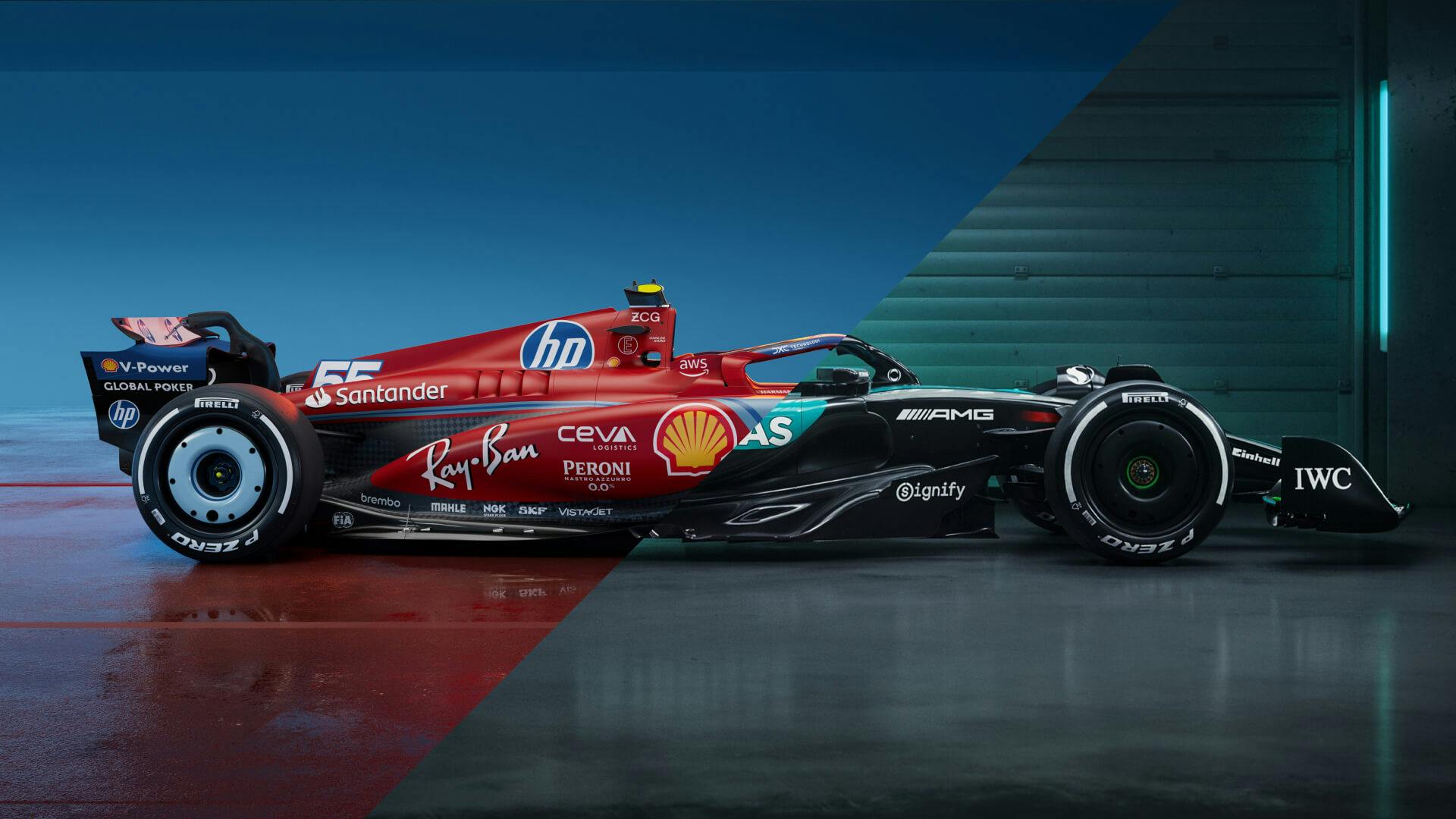 Split view of the Mercedes W15 and the Ferrari SF-24