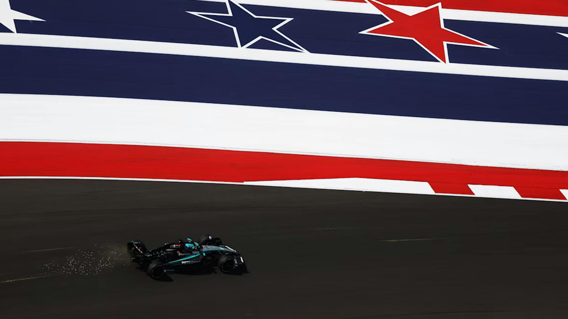 Wide shot of the Mercedes in the fast COTA corners