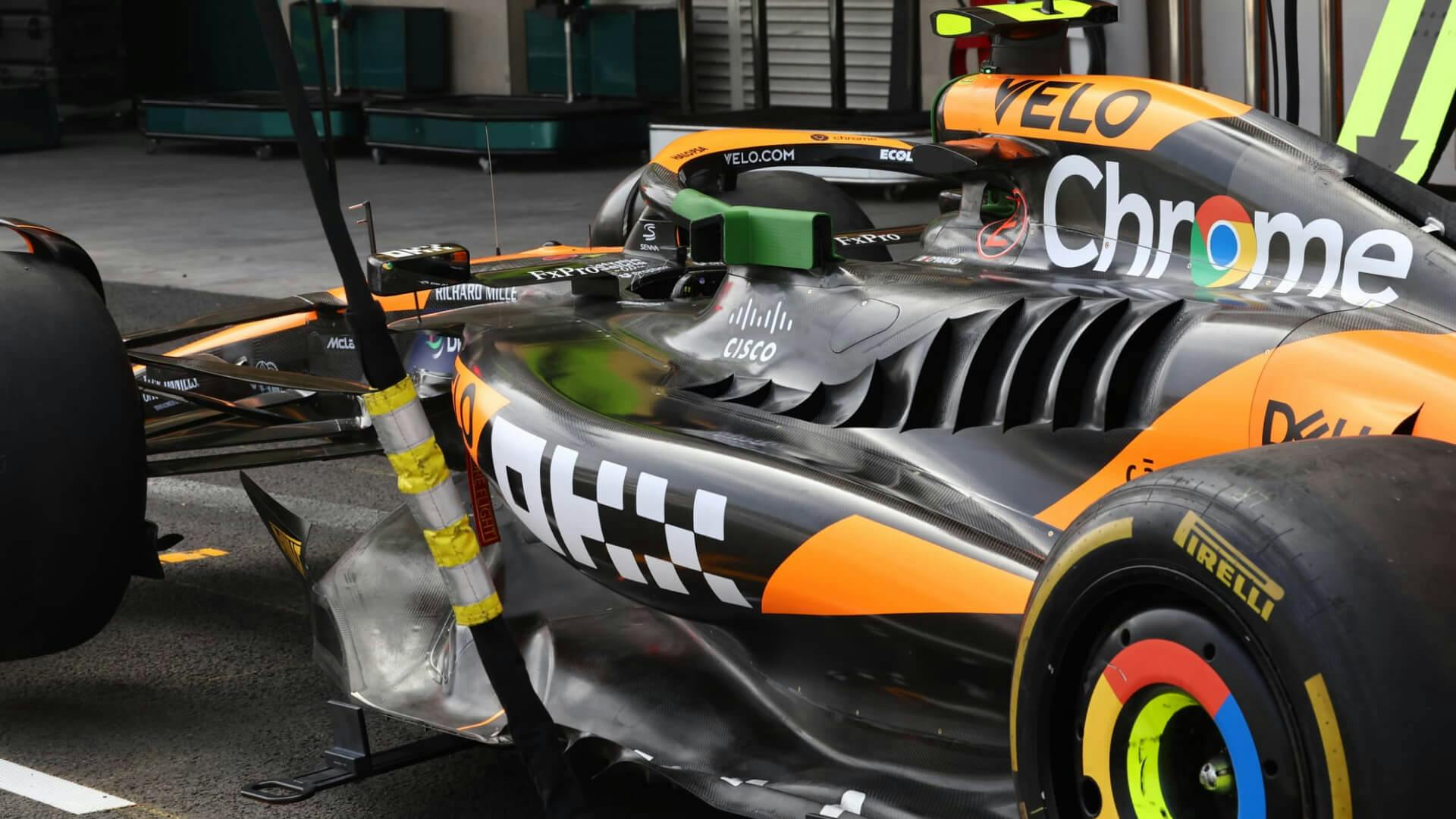 Focus on the coke/engine cover and cooling louvres of the McLaren MCL38