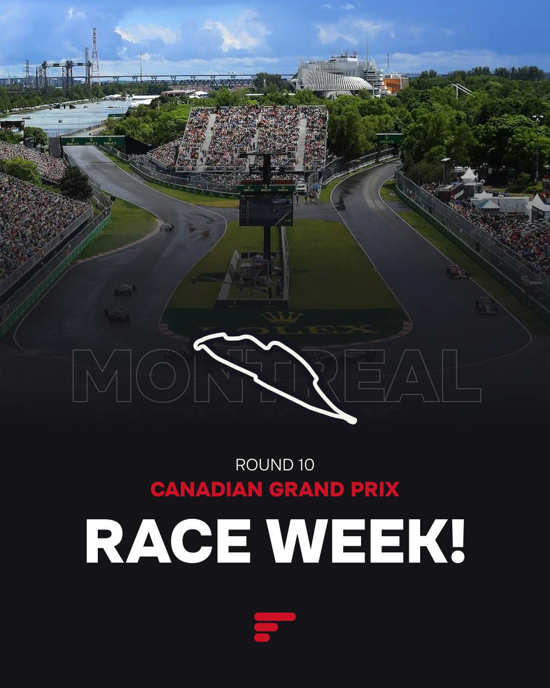 Promotional "Race Week!" image for the Round 10 Canadian Grand Prix, showing F1 cars on the Montreal circuit in front of a crowd.
