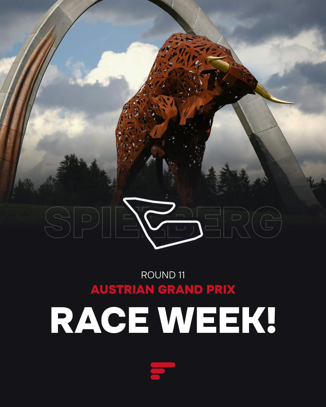 Austrian GP 2025 race week poster with Red Bull statue and track layout.