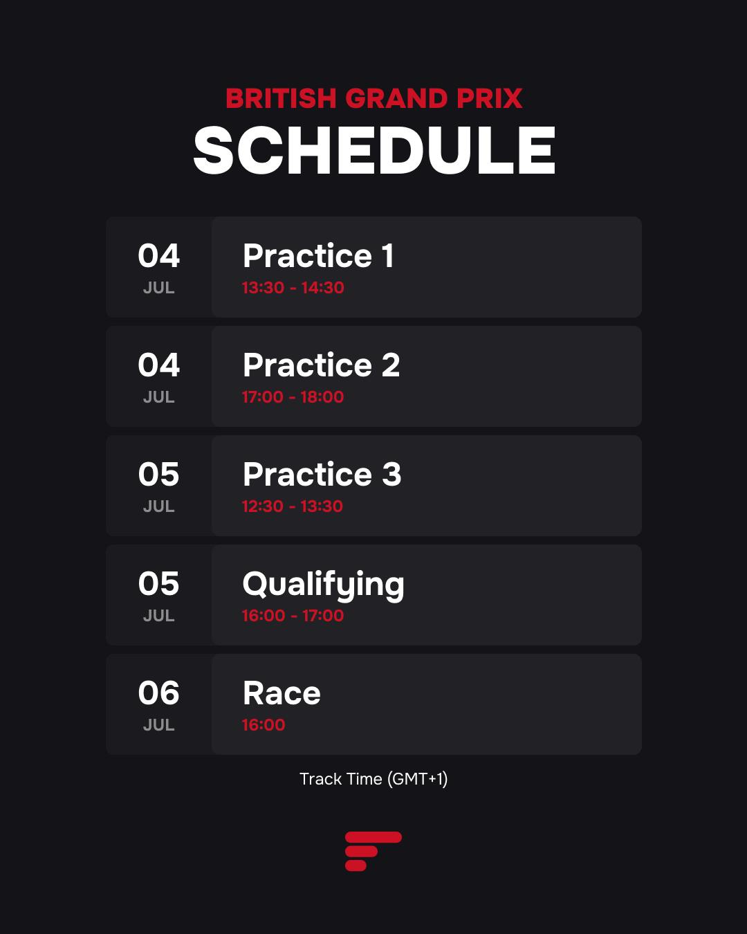 2025 British Grand Prix schedule from July 4-6, with practice, qualifying, and race times.