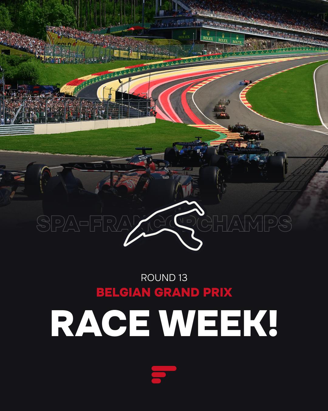 F1 cars at Spa-Francorchamps with grandstands and Belgian flag colors.