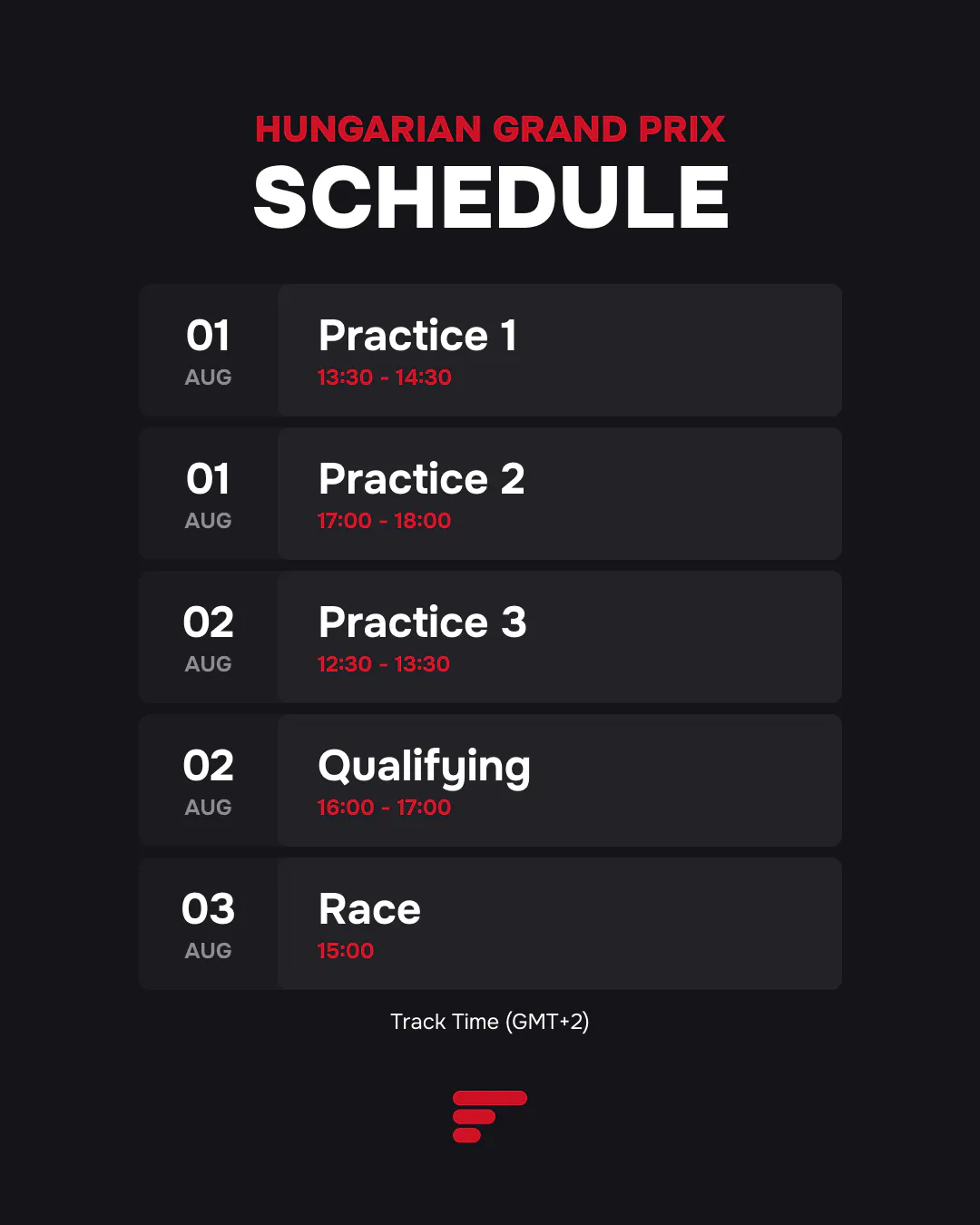 Hungarian GP schedule listing all sessions and times from August 01–03 (GMT+2).