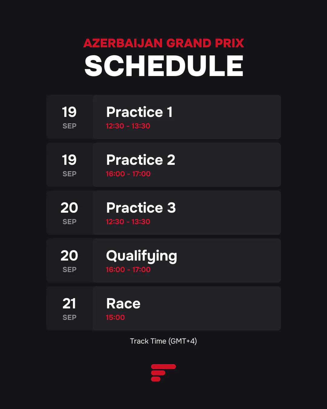 Azerbaijan Grand Prix schedule: Practice, Qualifying, and Race times for September 19-21 (GMT+4).