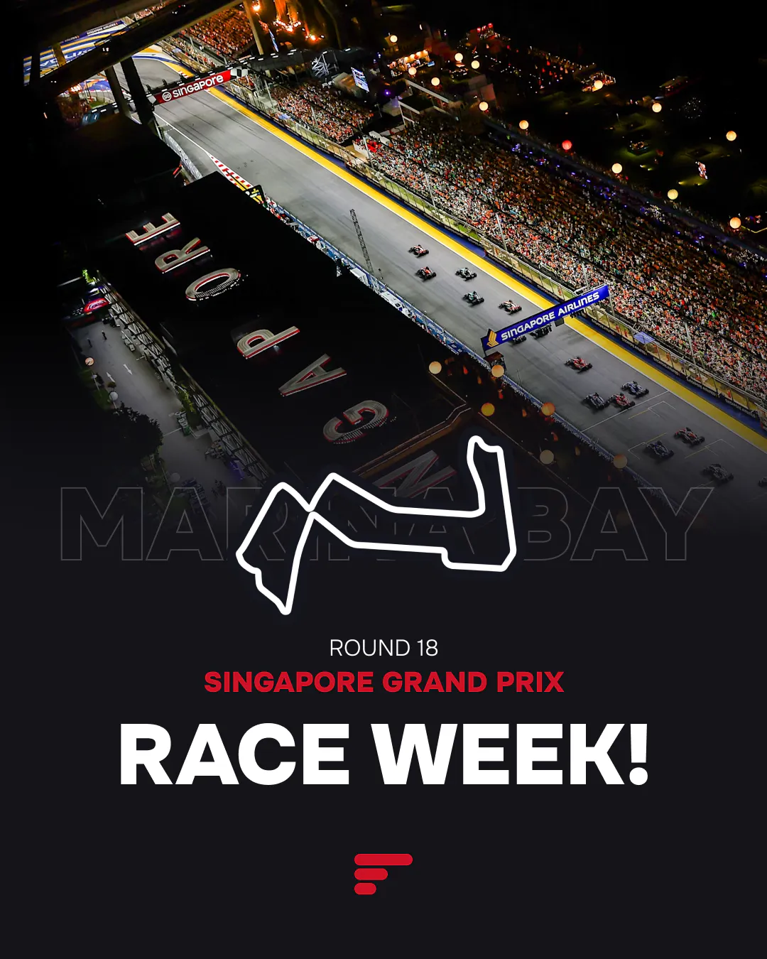 Round 18, Singapore Grand Prix Race Week! Overhead night shot of the Formula 1 cars racing on the Marina Bay Street Circuit in Singapore.