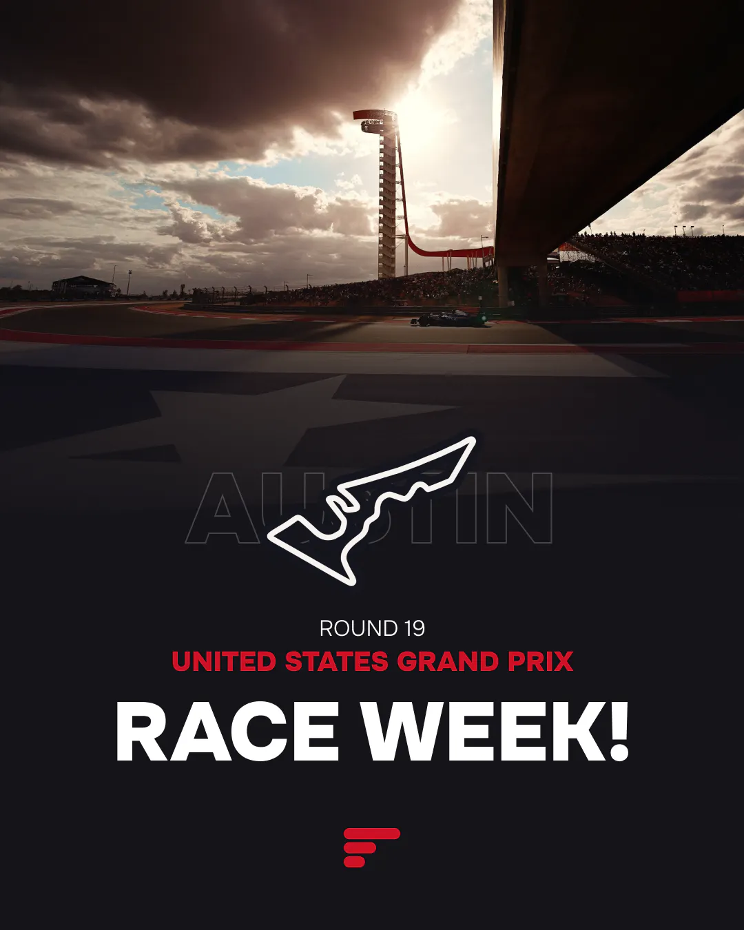 A Formula 1 car driving on the track at Circuit of The Americas (COTA) with the iconic observation tower visible against a backdrop of dark clouds and bright sunshine.
