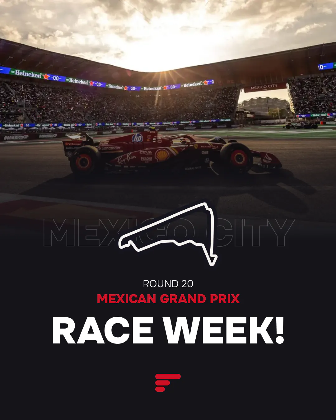 Close-up action shot of a Ferrari F1 car driving on track in the packed Foro Sol stadium section of the Mexican Grand Prix circuit.