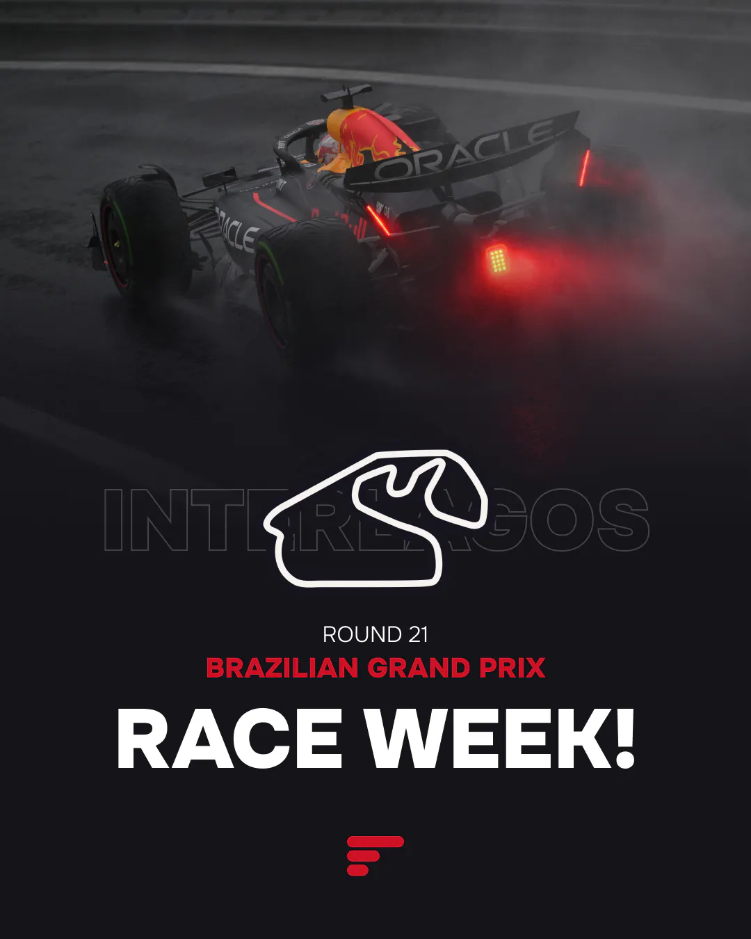 Graphic: Brazilian Grand Prix Race Week Round 21 with a wet-weather Red Bull F1 car and the Interlagos circuit outline.