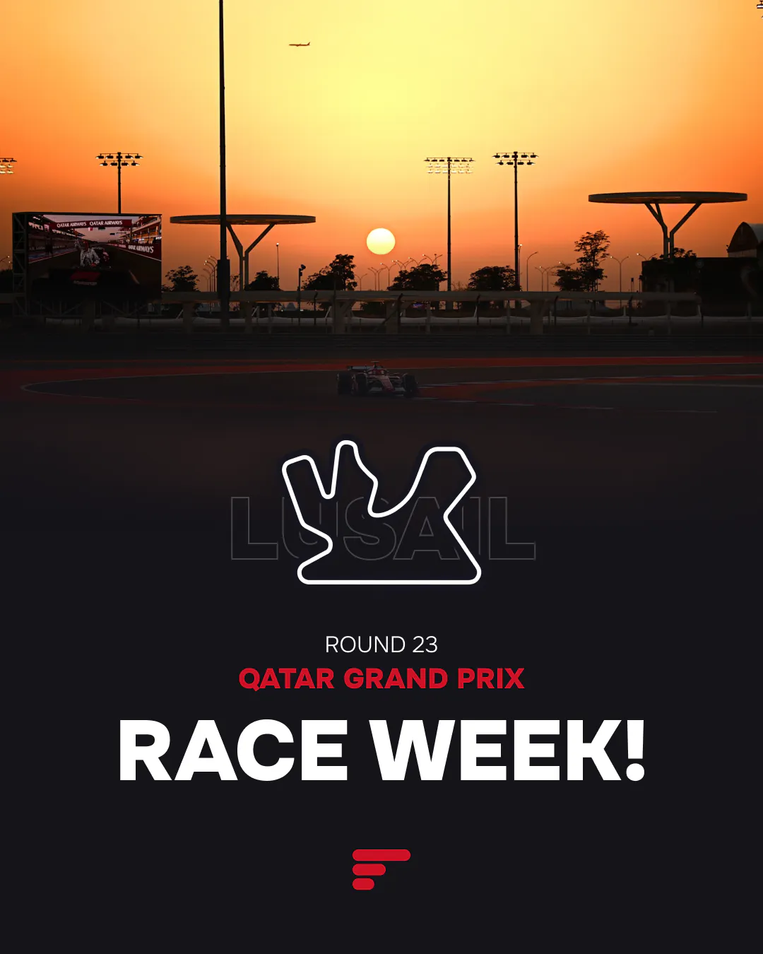 2025 Qatar Grand Prix, Round 23, showing the Lusail circuit outline overlayed on a sunset track photo.