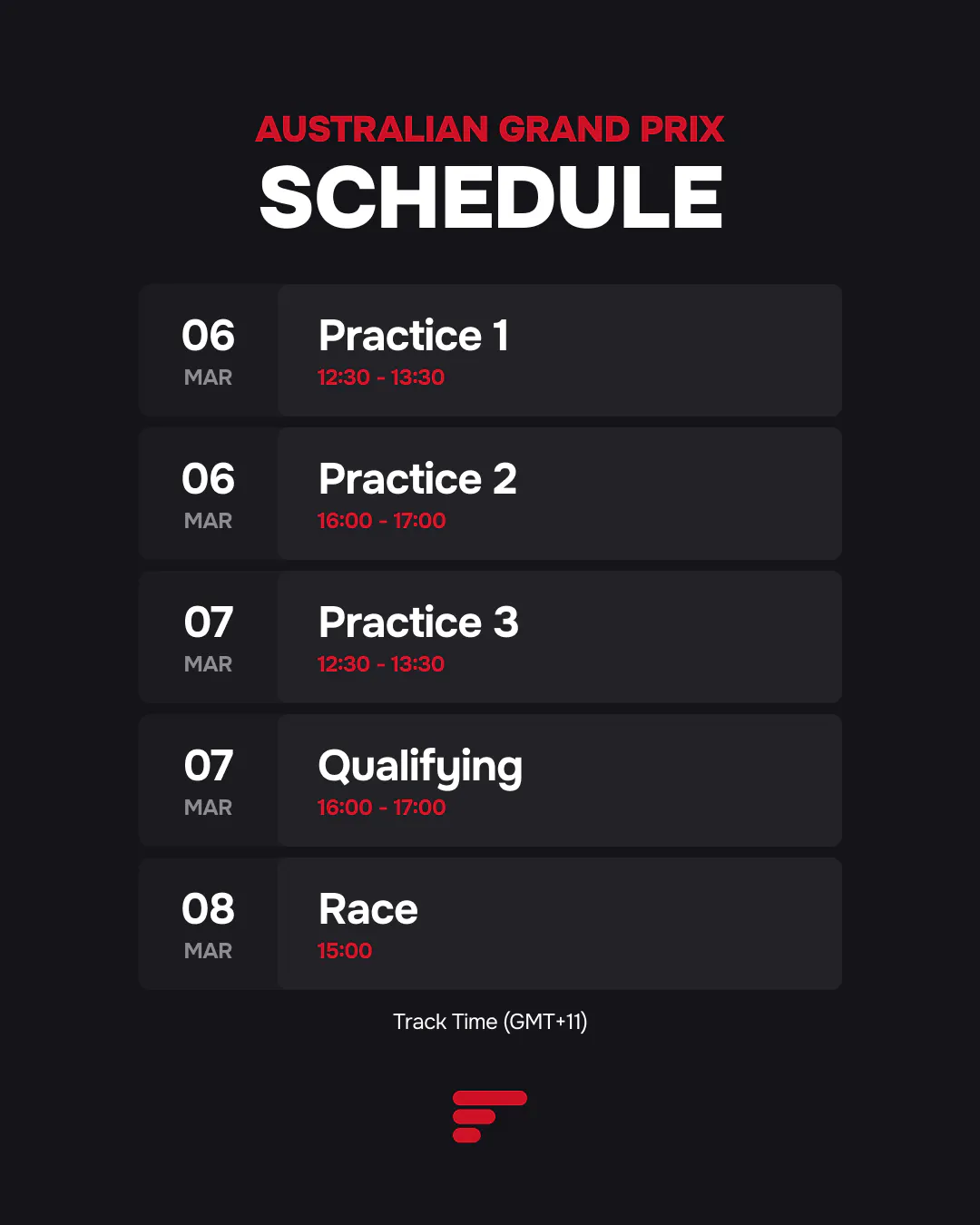 Weekend schedule in GMT+11. Friday: P1 (12:30), P2 (16:00). Saturday: P3 (12:30), Qualifying (16:00). Sunday: Race (15:00).