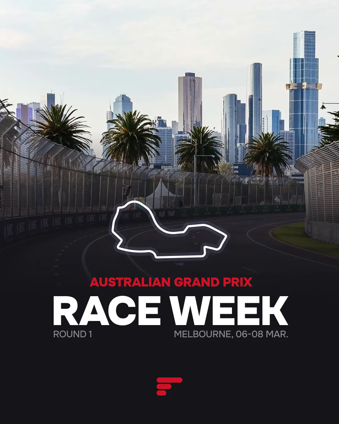 Promotional graphic for the 2026 Australian Grand Prix, Round 1. March 6–8 in Melbourne. Background shows the city skyline and track fencing.