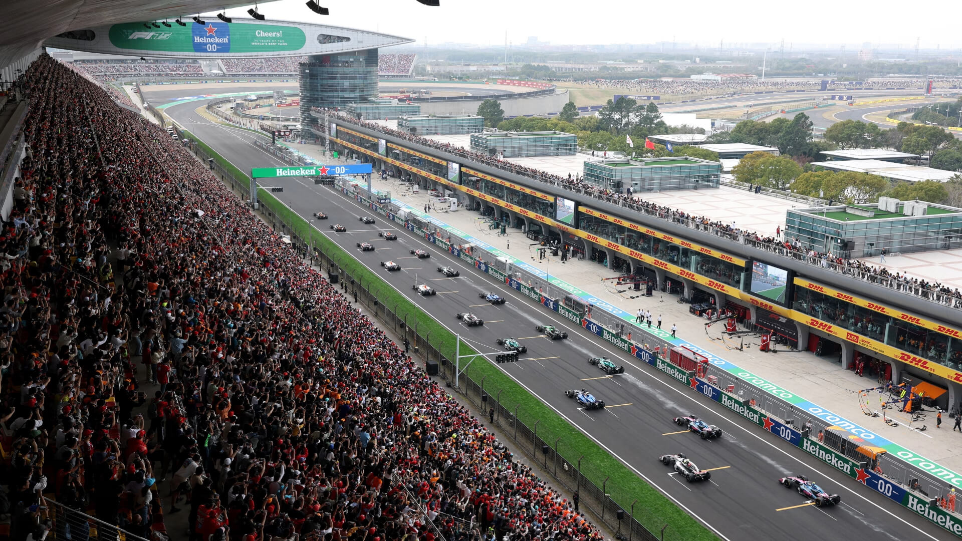 F1 cars lined up for the race start at the Shanghai International Circuit, China.
