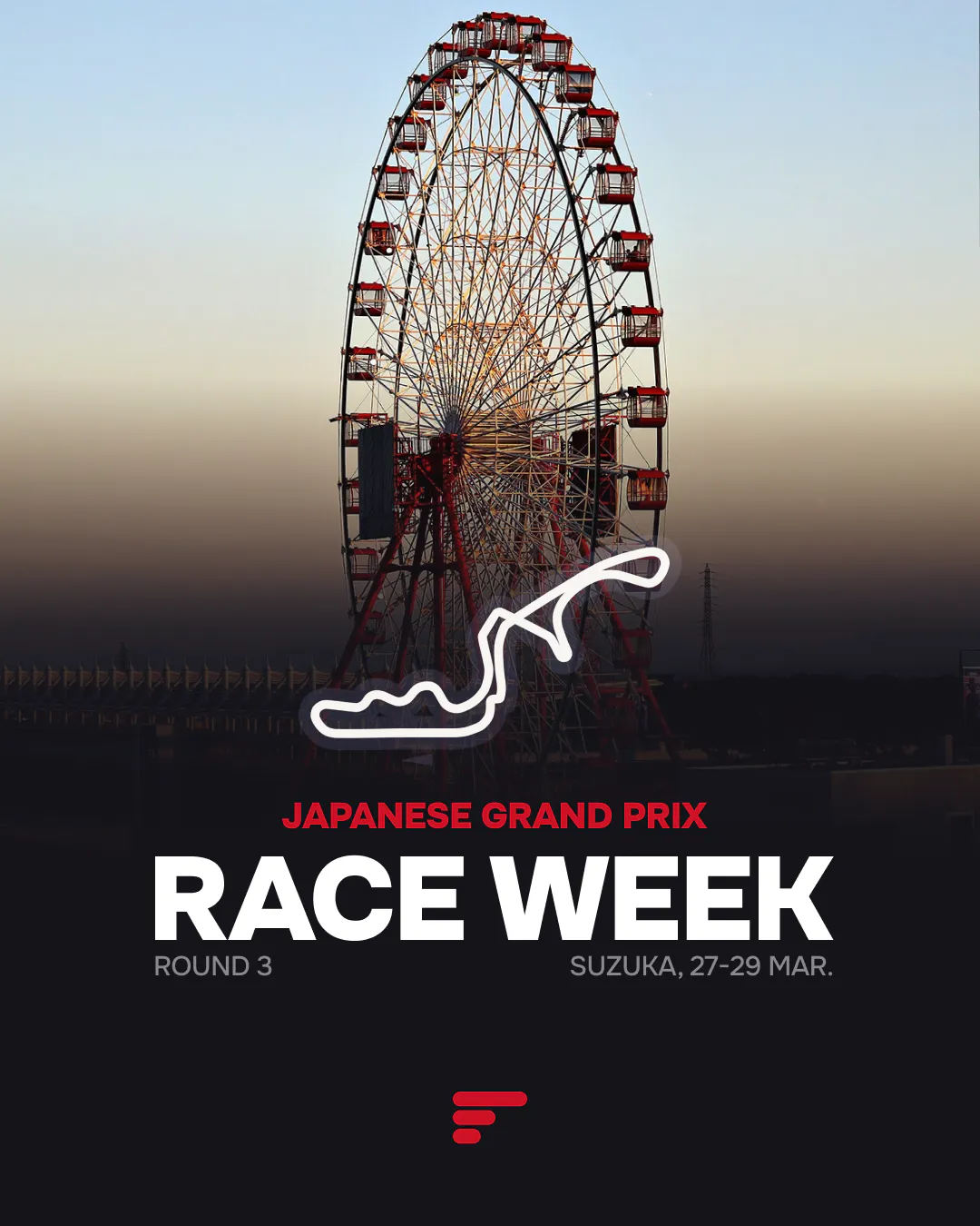 Promo graphic for the 2026 Japanese Grand Prix, Round 3, at Suzuka from March 27-29, featuring the track silhouette over the Ferris wheel.