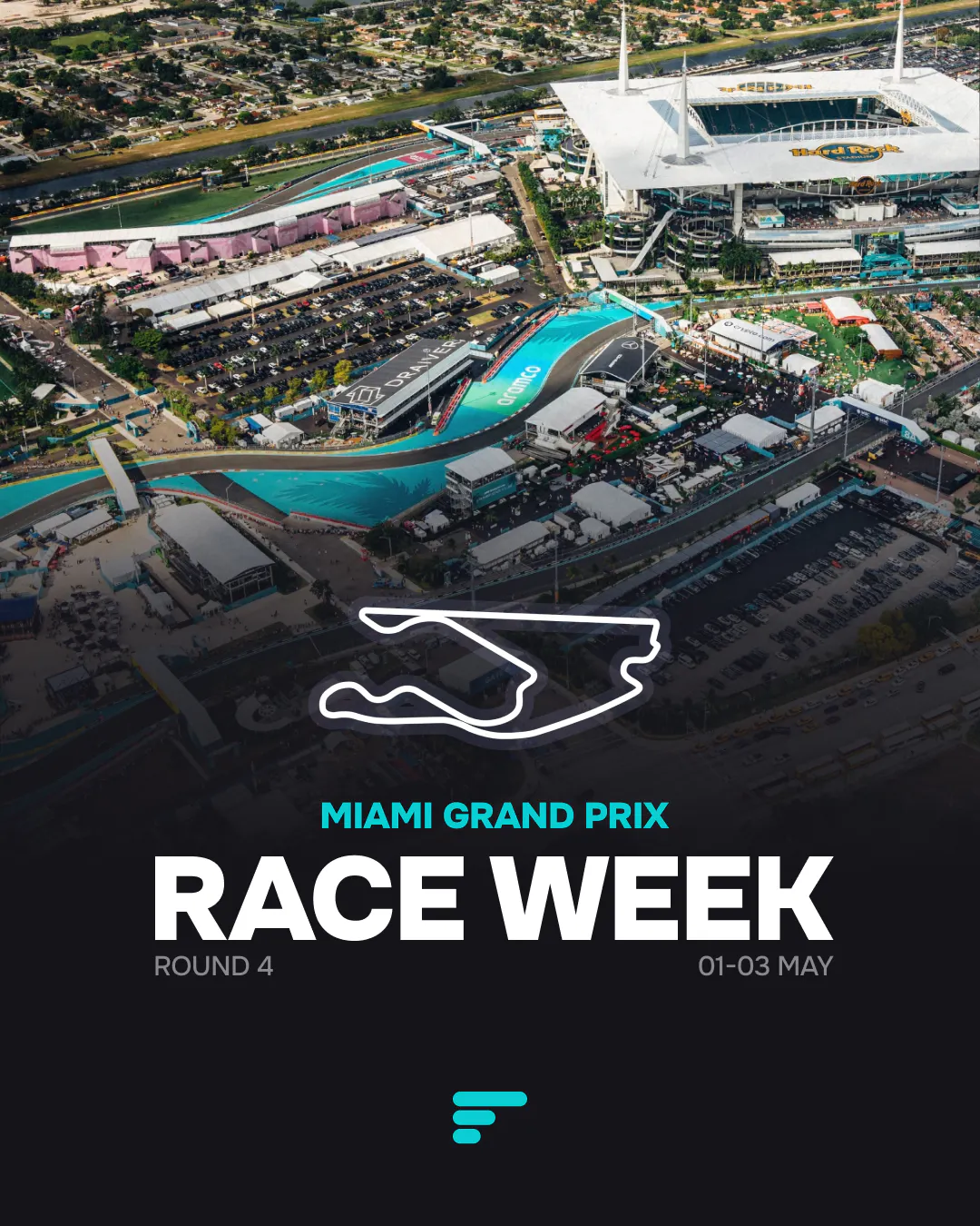 Aerial view of the Hard Rock Stadium circuit with text overlay displaying 'Race Week, Round 4, 01-03 May.'