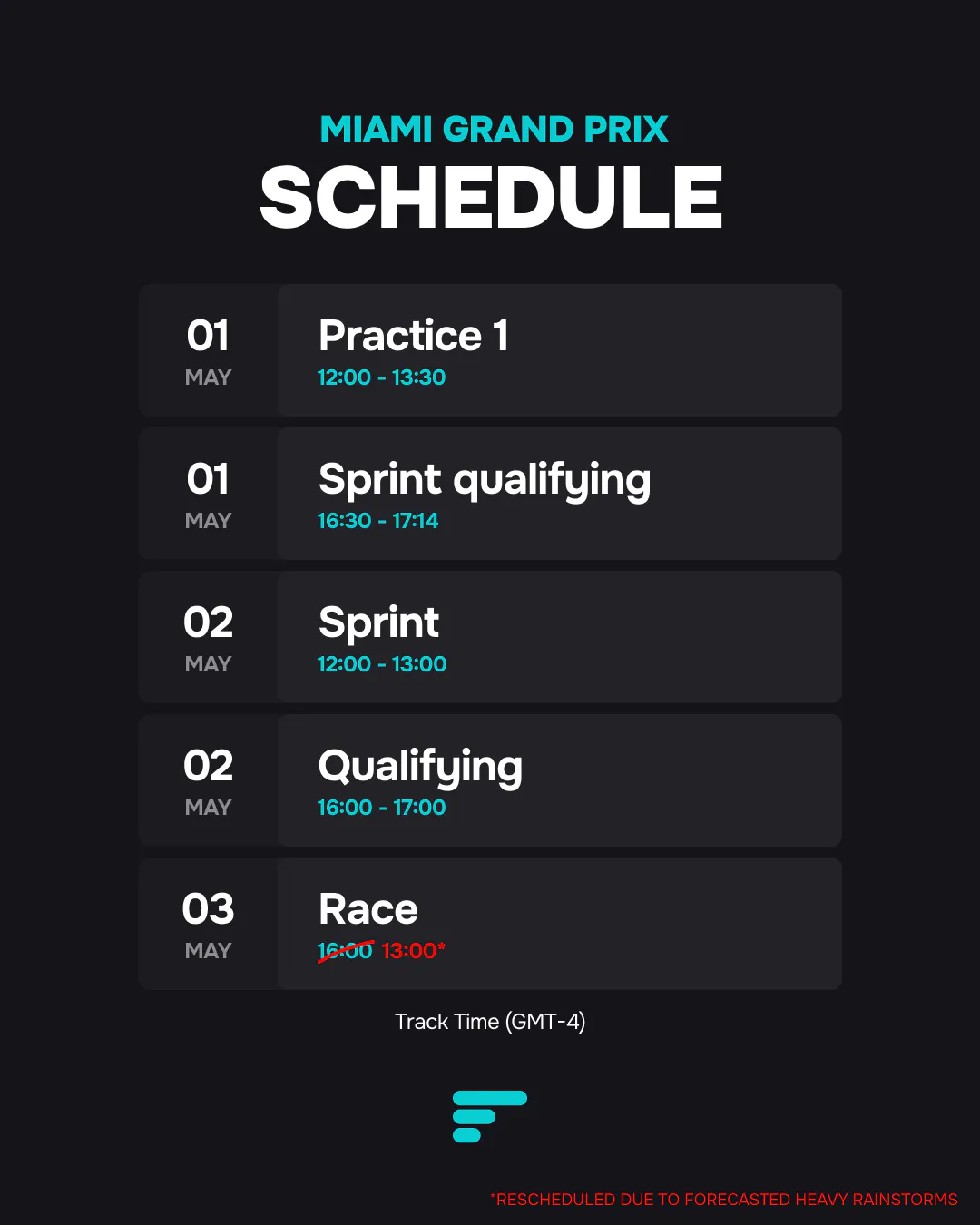 The Miami Grand Prix schedule (01-03 May) in GMT-4 track time. Events include Friday’s Practice 1 (12:00) and Sprint qualifying (16:30); Saturday’s Sprint (12:00) and Qualifying (16:00); and Sunday's Race (13:00).