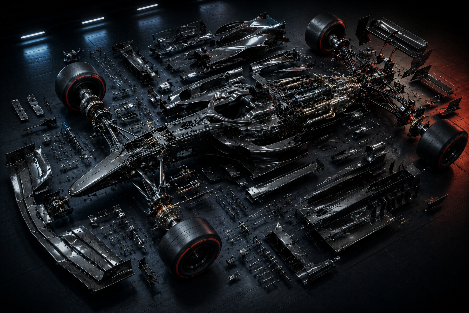 Exploded view of a modern Formula 1 car showing aerodynamic and mechanical components