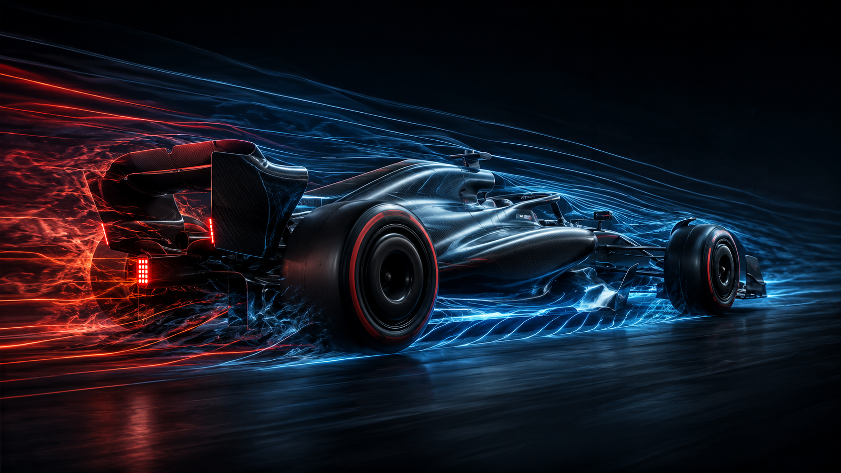 Modern Formula 1 aerodynamic visualization showing drag and downforce airflow