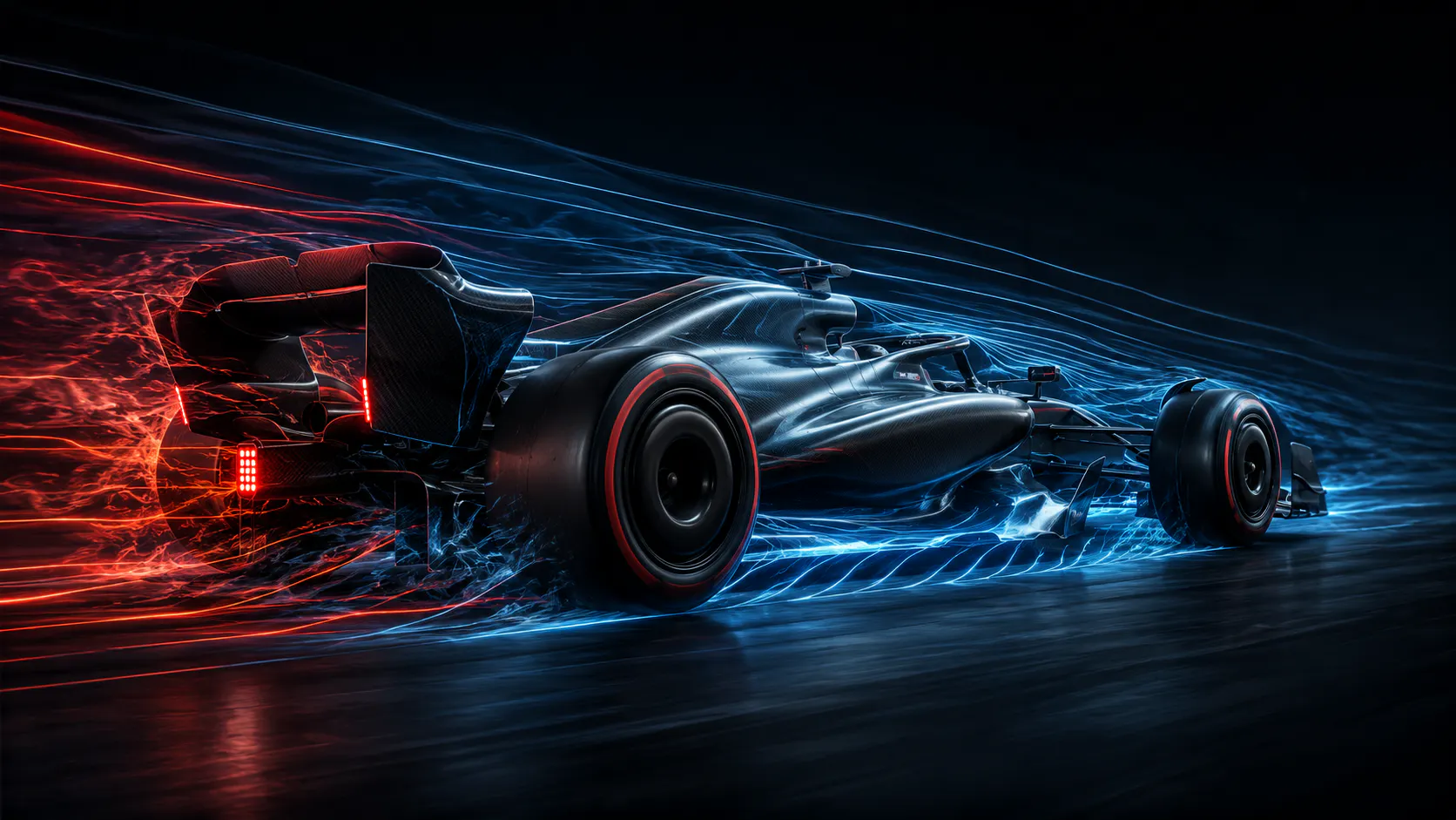 Modern Formula 1 aerodynamic visualization showing drag and downforce airflow