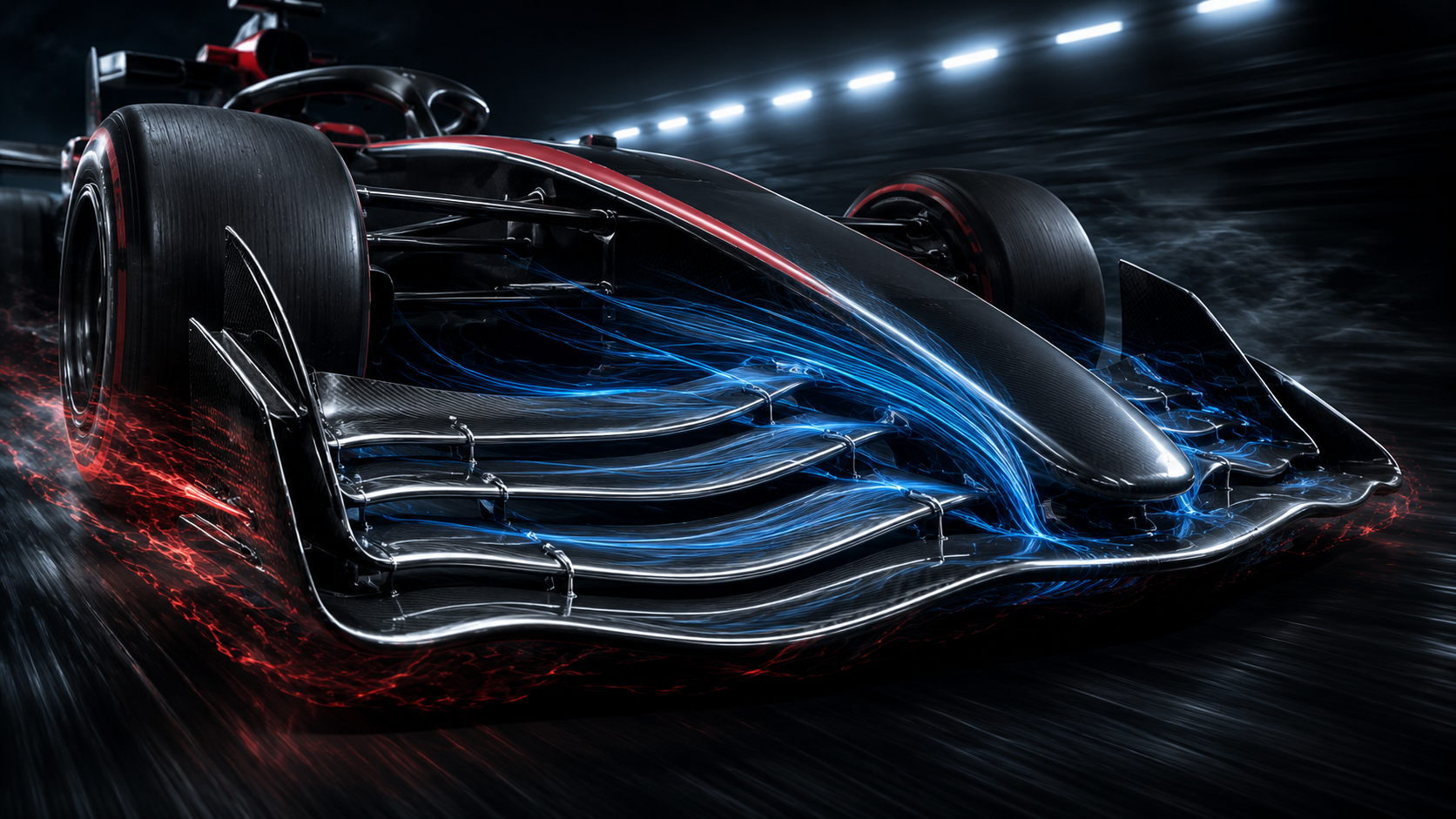 Modern Formula 1 front wing visualization showing aerodynamic flex under load