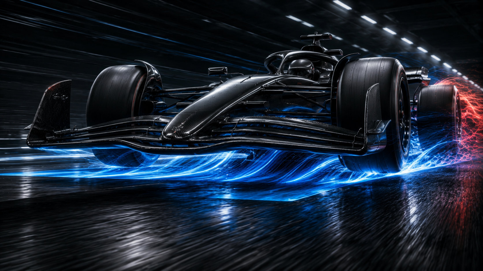Modern Formula 1 ground-effect aerodynamic visualization with underfloor airflow