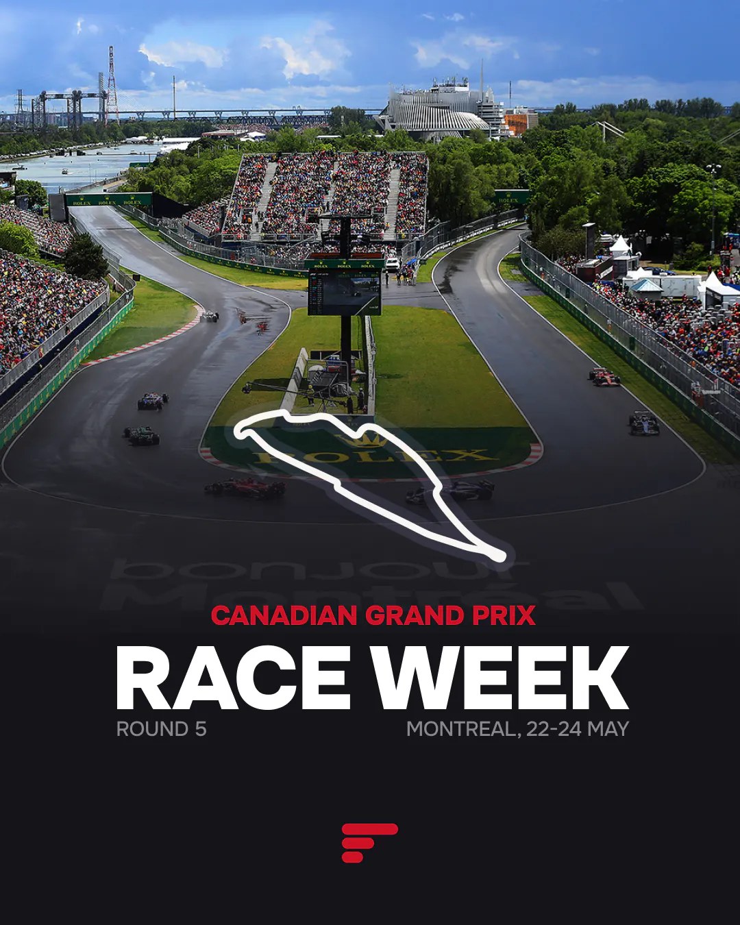 Canadian Grand Prix race week poster featuring Circuit Gilles Villeneuve in Montreal with an aerial track photo, circuit outline, and text: “Race Week – Round 5, Montreal, 22–24 May.”