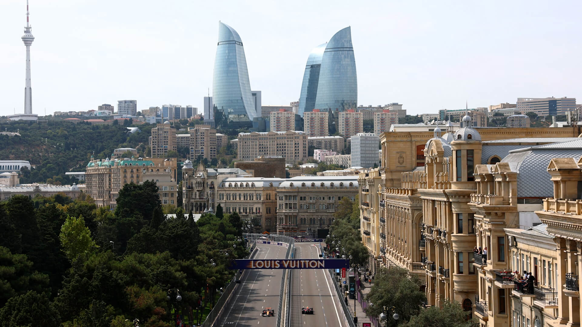 Formula 1 cars on Baku City Circuit, with the Flame Towers rising above Azerbaijan’s capital.